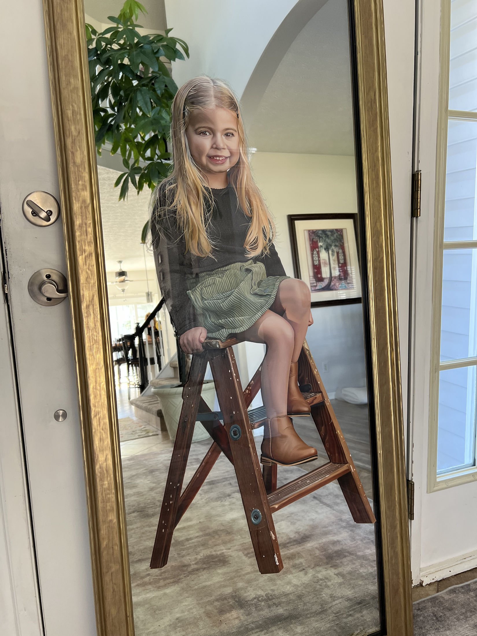 Realism portrait painted with oil paint on a 22" x 56" mirror. Created for a private client, the work merges hyper-detailed realism with a reflective mirror surface and a custom frame. Approximately 300 hours in creation.