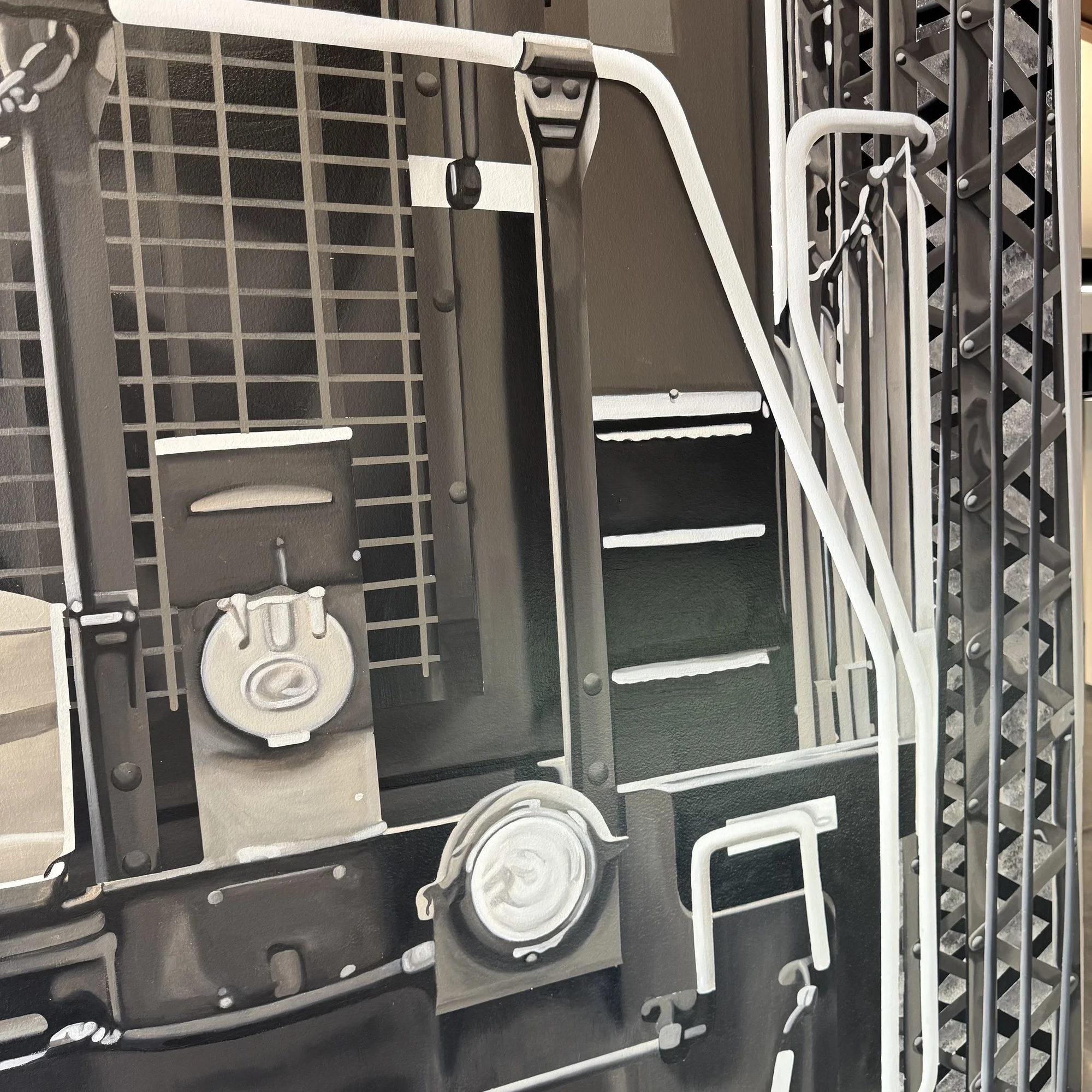 This 19' x 9' hyperrealistic mural was hand-painted in acrylic for New Castle Industrial Railroad, accompanied by the historic logos of its connecting railroads to honor the region's rich railroad heritage.