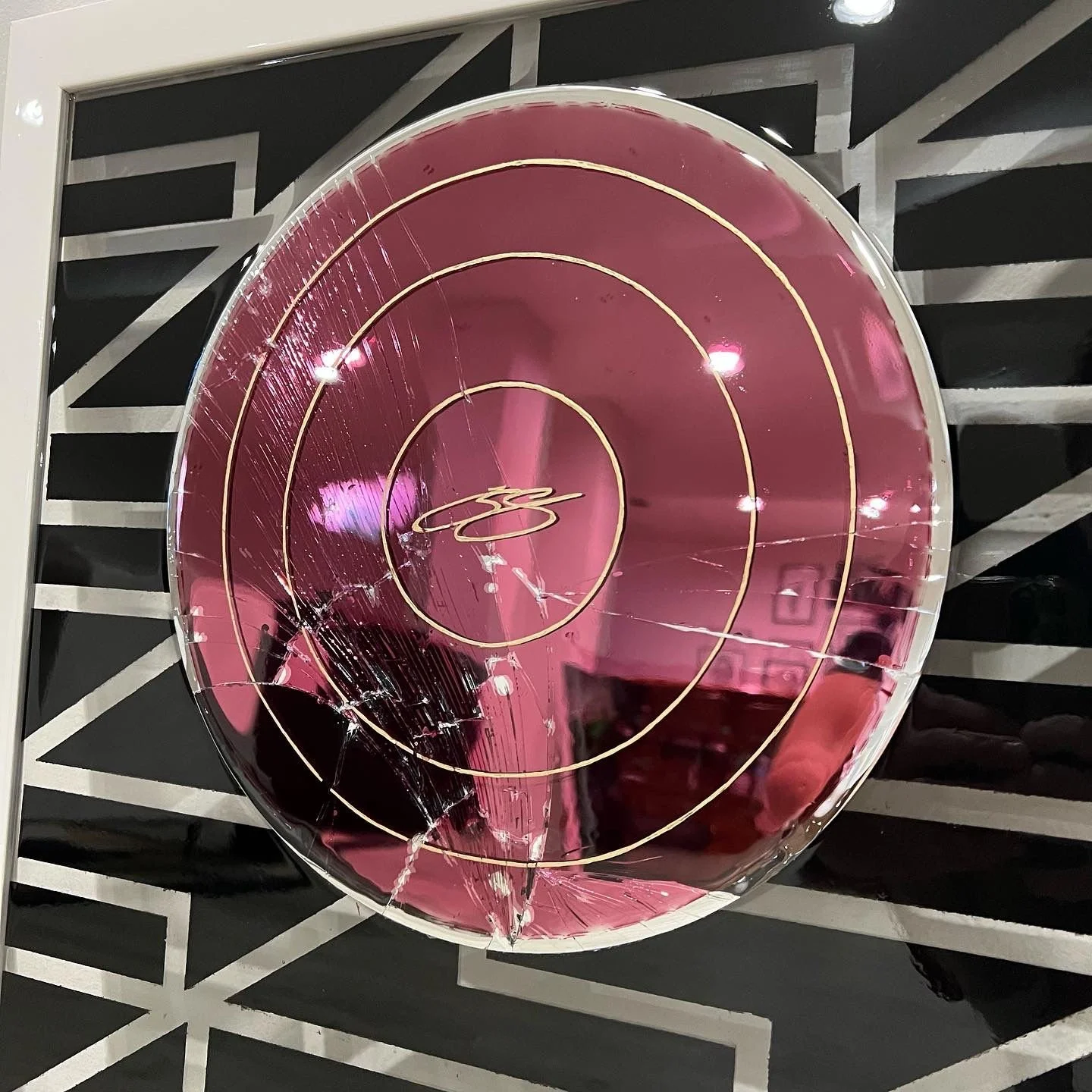 Stained glass paint and ink on intentionally-shattered mirrors, mounted to spray painted glass. Sealed with resin and permanently mounted to custom wood frames. Dual set. 18 x 24 in. each. 