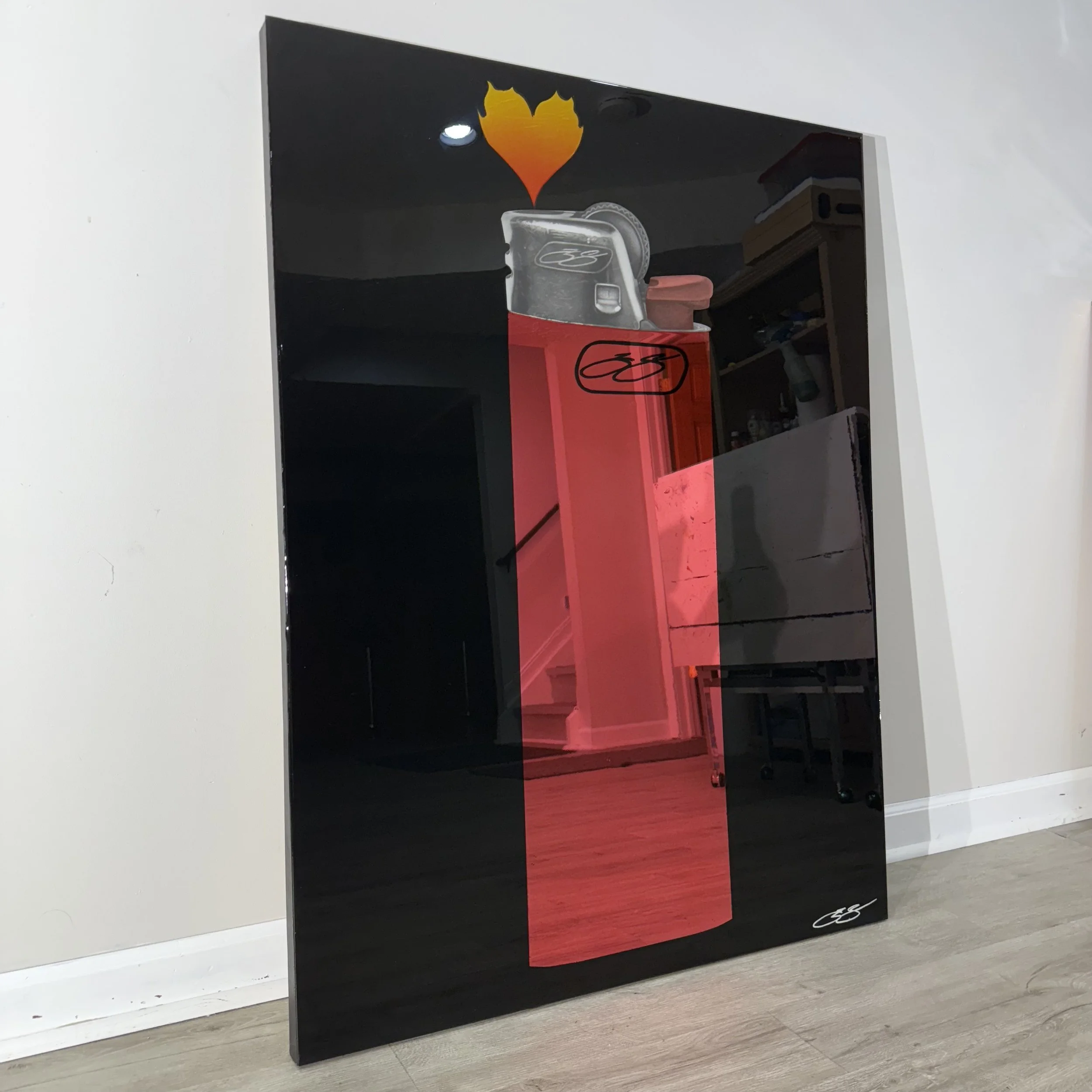 Graphite pencil drawing, acrylic, stained glass paint and epoxy resin on mirror. Mounted to canvas. 3 x 4 ft.