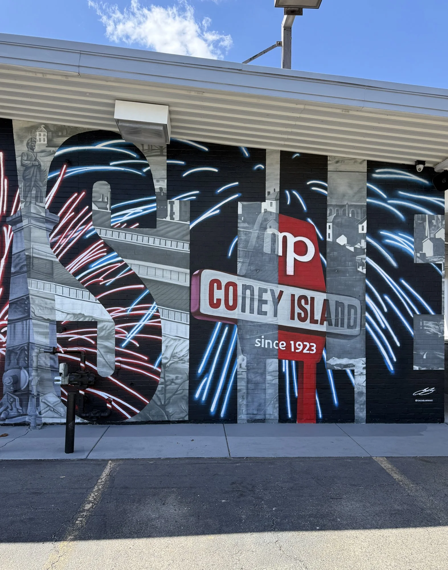 This large-scale mural was designed to captured the identity of New Castle by contrasting its industrial heritage with the city's modern character. Hand-painted across a 50' x 18' wall using acrylic, oil, and spray paint.
