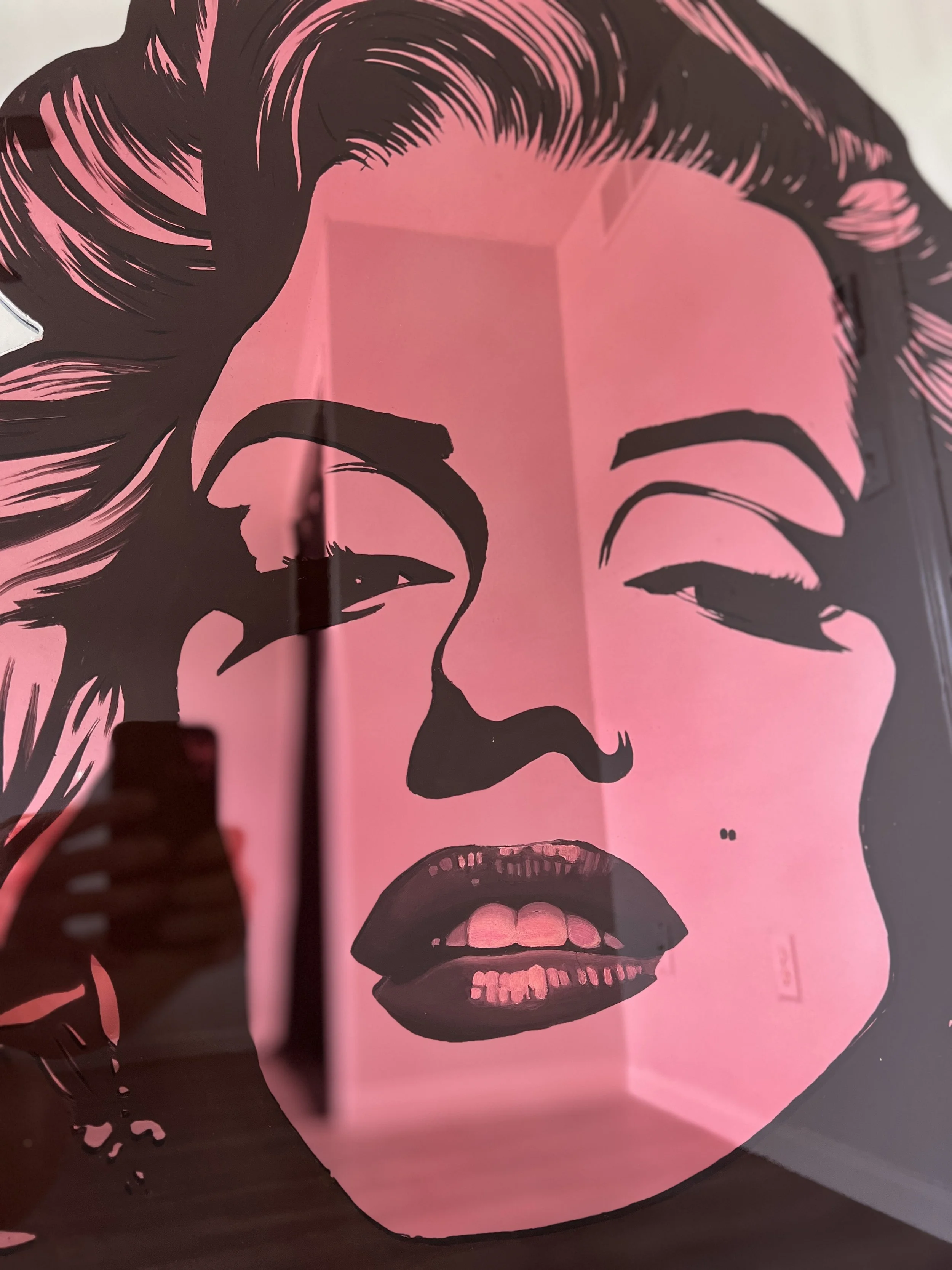 Stained glass paint, acrylic and epoxy resin on mirror. Mounted to canvas. 3 x 4 ft.