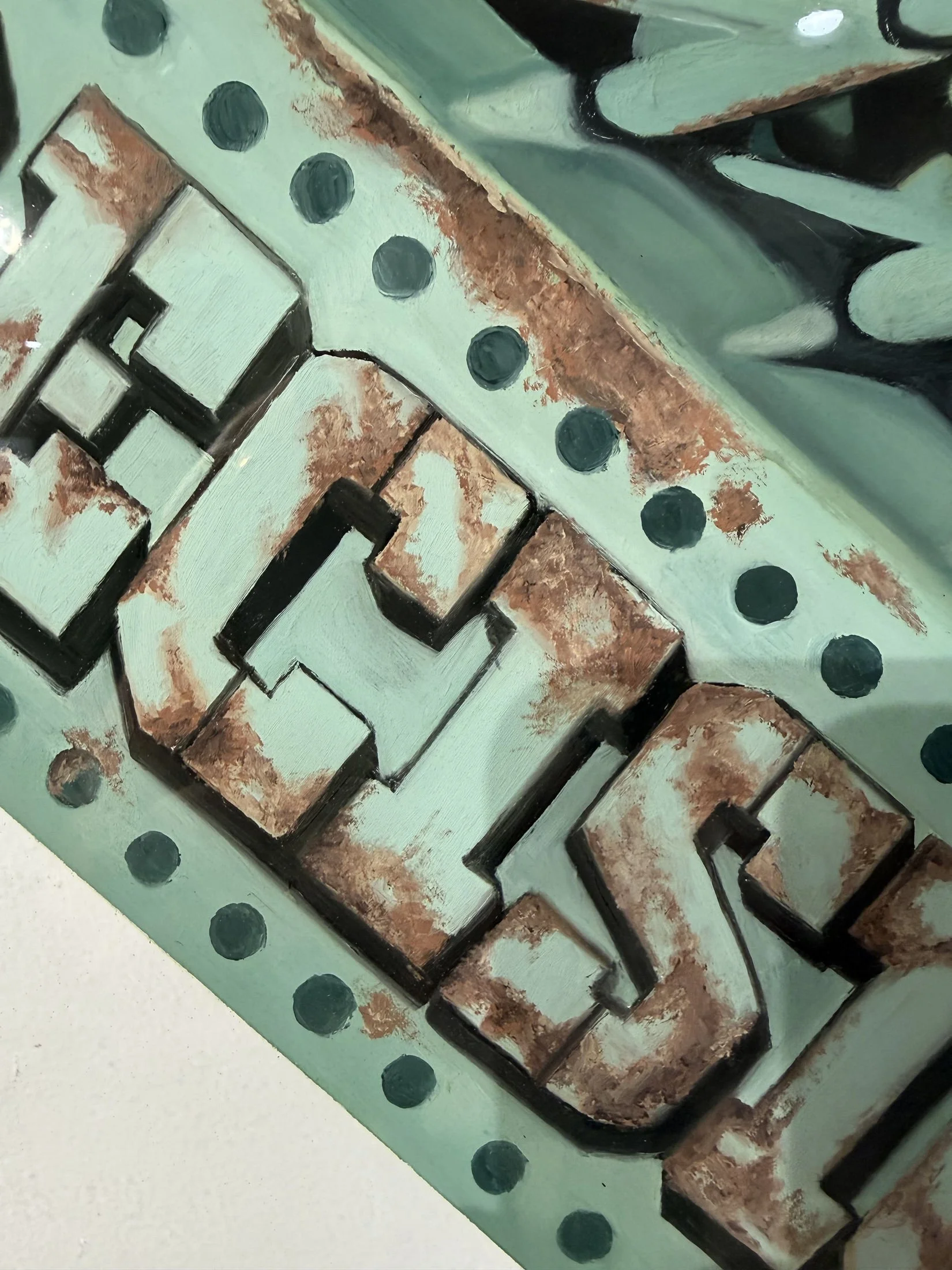 Cleveland steel industry inspired glass installation featuring industrial bridge structures painted on 3ft x 4ft tempered glass. Finished with epoxy resin and floating stainless steel standoff mounting. Approximately 150 hours in creation.