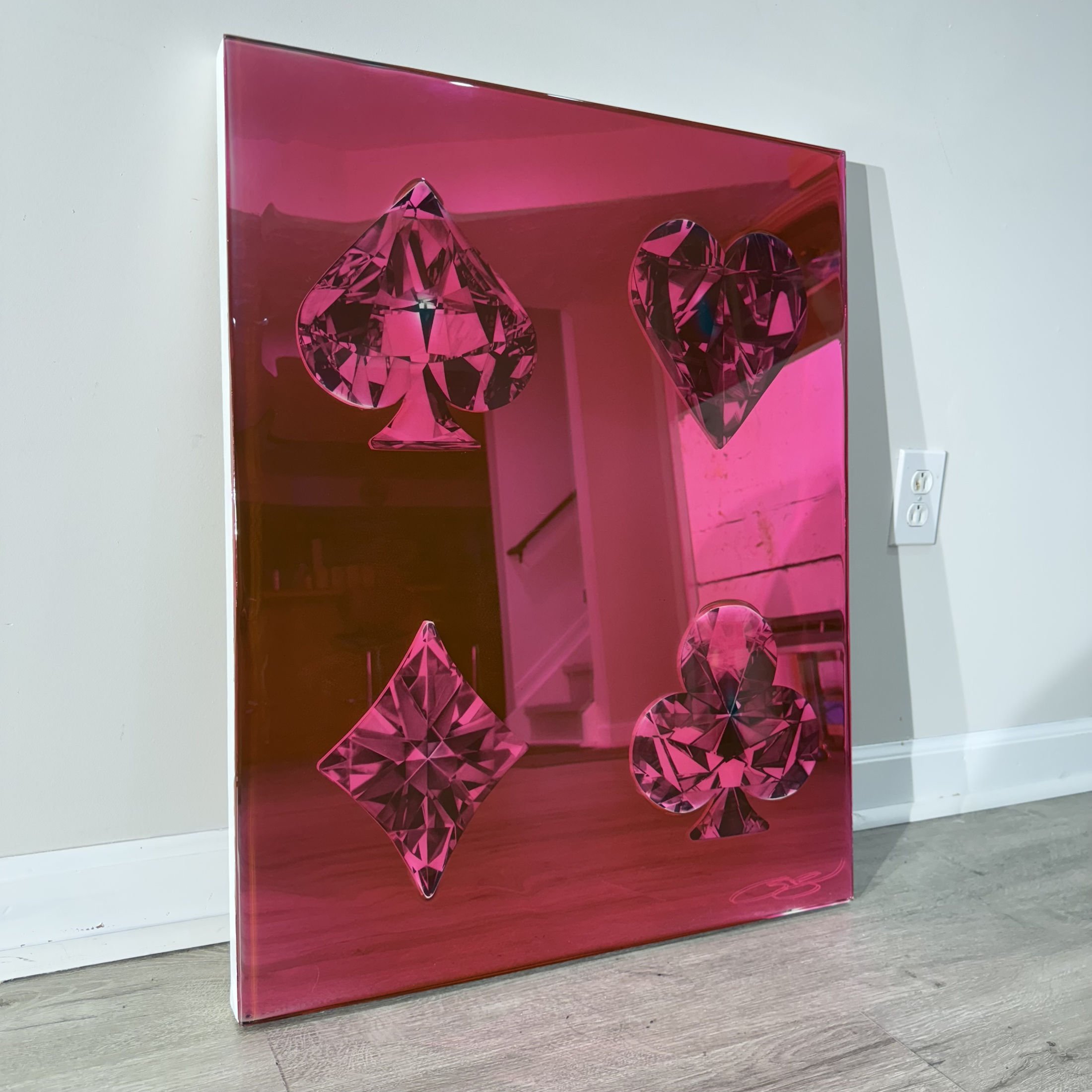 Graphite pencil drawings layered over mirror and sealed with pink-dyed epoxy resin. Mounted to canvas. 24 x 30 in.