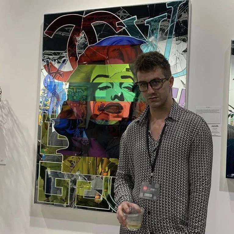 Stained glass paint, acrylic and epoxy resin on intentionally-shattered mirror. Mounted to canvas. 4 x 5 ft.