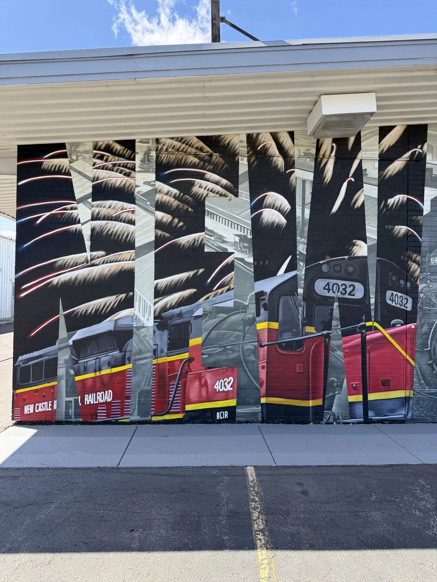 This large-scale mural was designed to captured the identity of New Castle by contrasting its industrial heritage with the city's modern character. Hand-painted across a 50' x 18' wall using acrylic, oil, and spray paint.