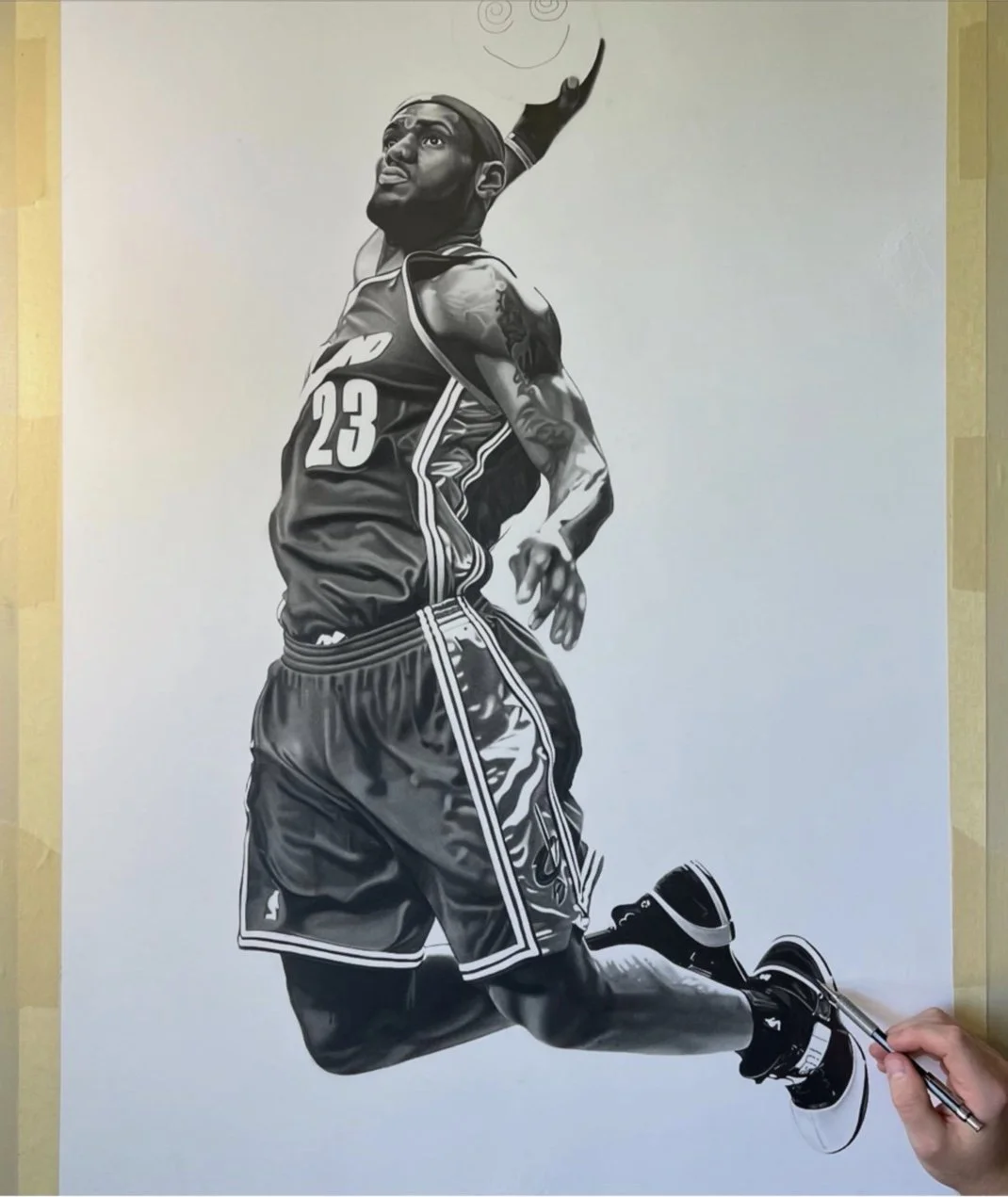 Custom mixed-media mirror artwork created for a private collector. The piece features graphite realism drawings, stained-glass painted mirror elements and epoxy resin on a 3ft x 5ft mirror.