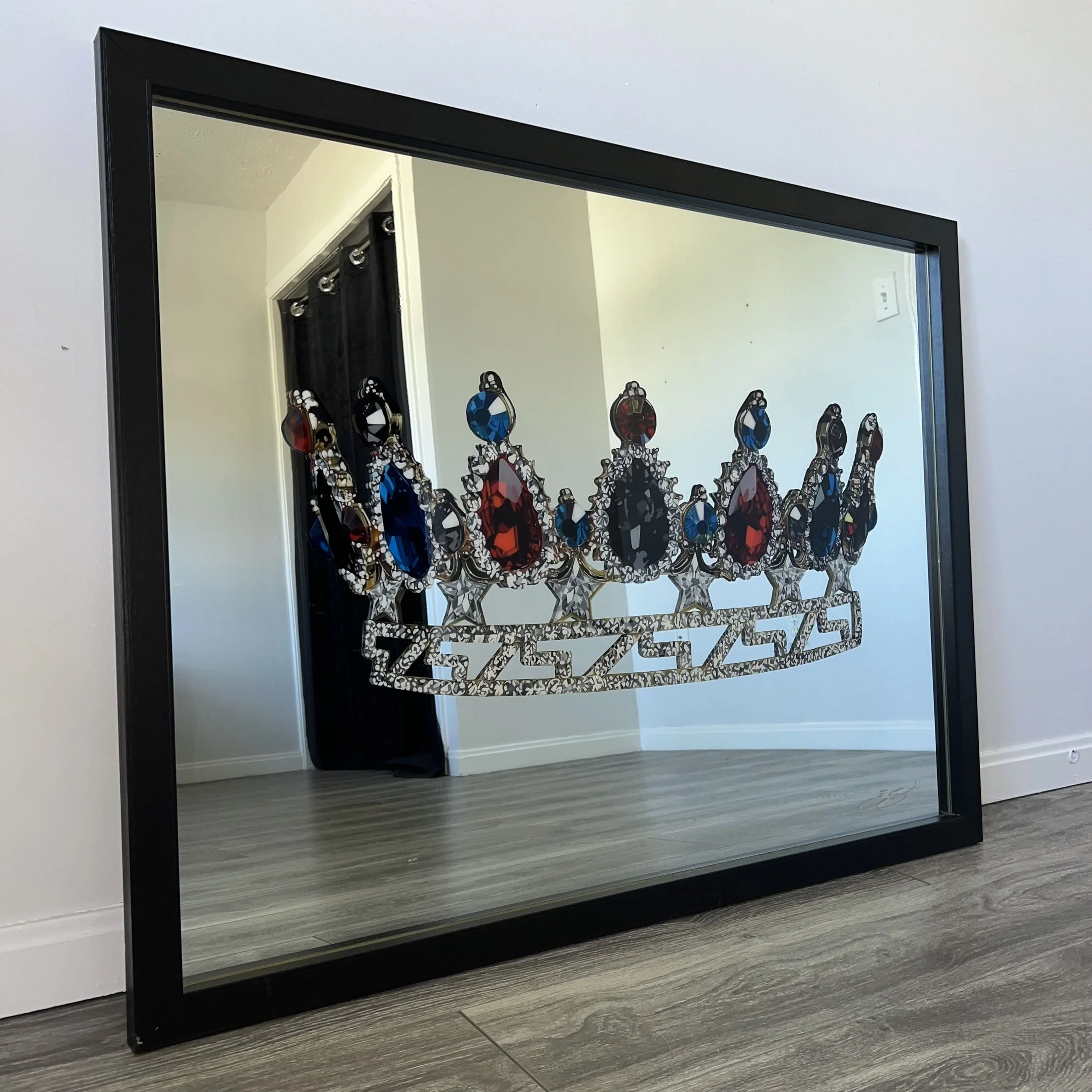 Oil paint and epoxy resin on mirror. Mounted permanently in a custom wood frame. 32 x 42 in.