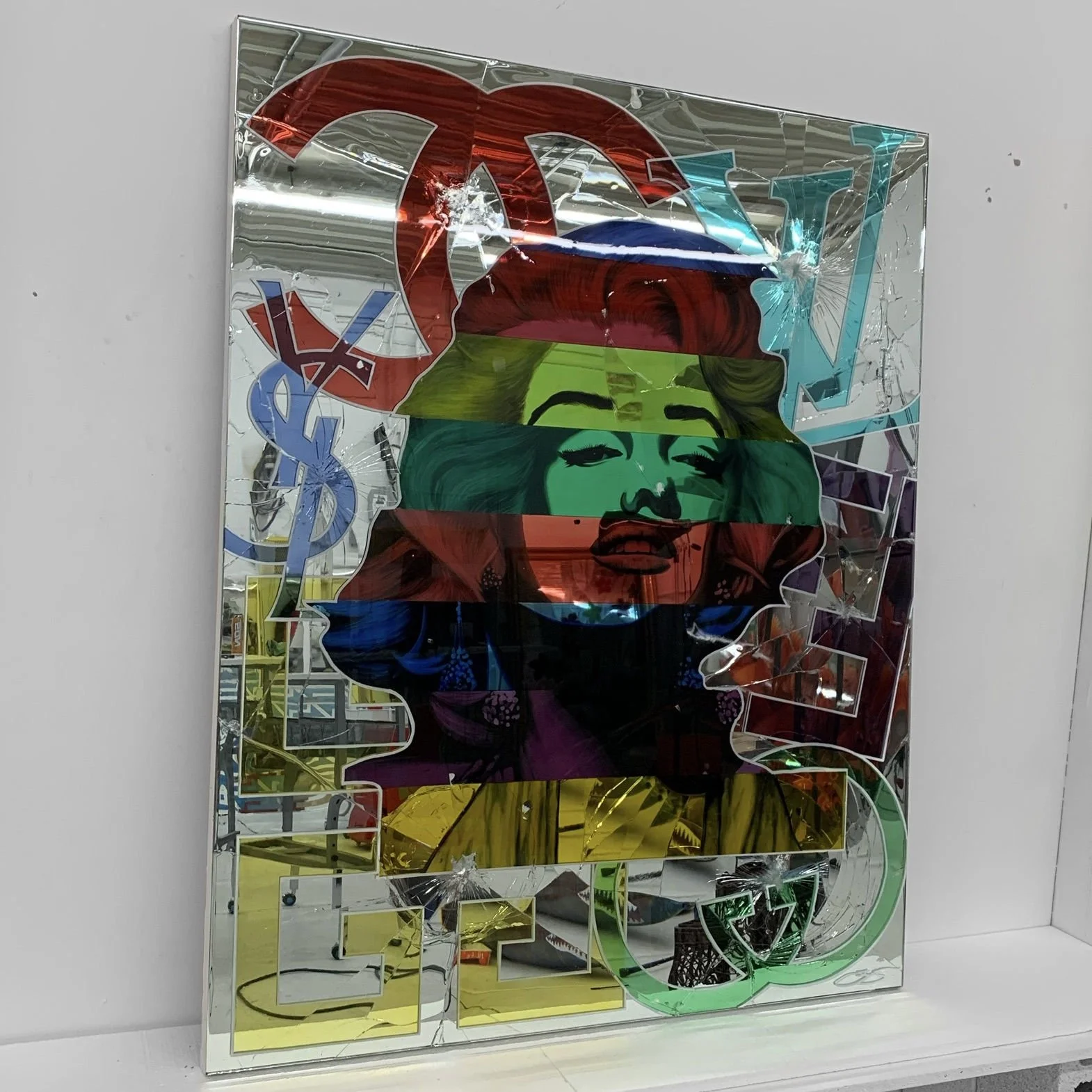 Stained glass paint, acrylic, and epoxy resin on intentionally shattered mirror. Mounted to canvas. 4 x 5 ft.