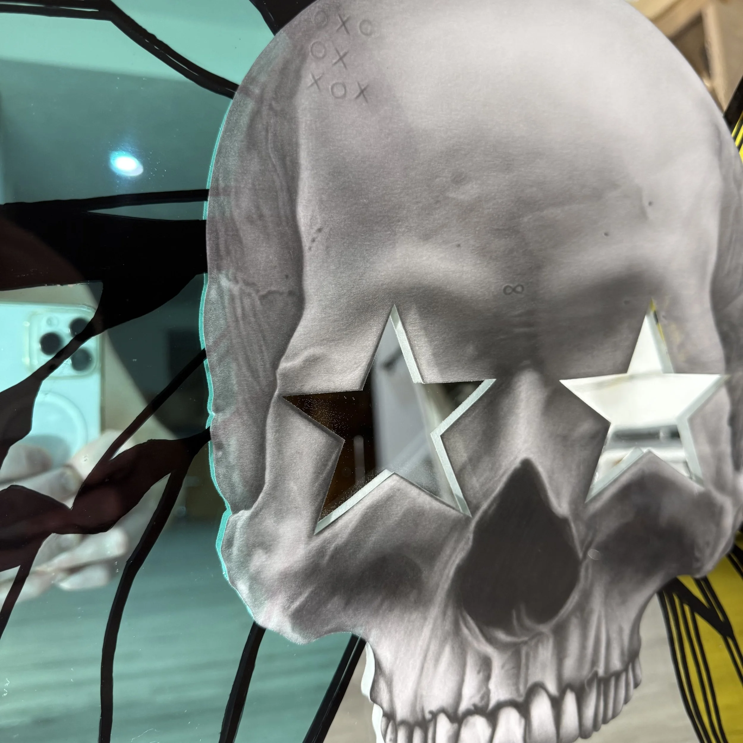 Graphite pencil drawing, stained glass paint, acrylic and epoxy resin on mirror. Mounted to canvas. 30 x 36 in. 