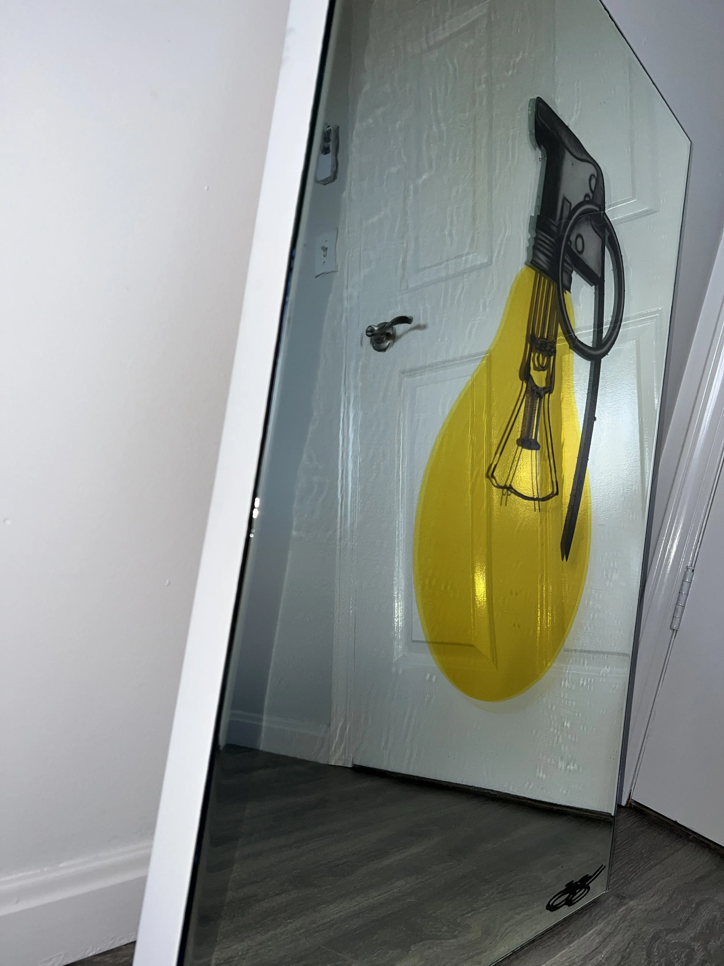 Graphite pencil drawing, stained glass paint and epoxy resin on mirror. Mounted to canvas. 24 x 36 in.