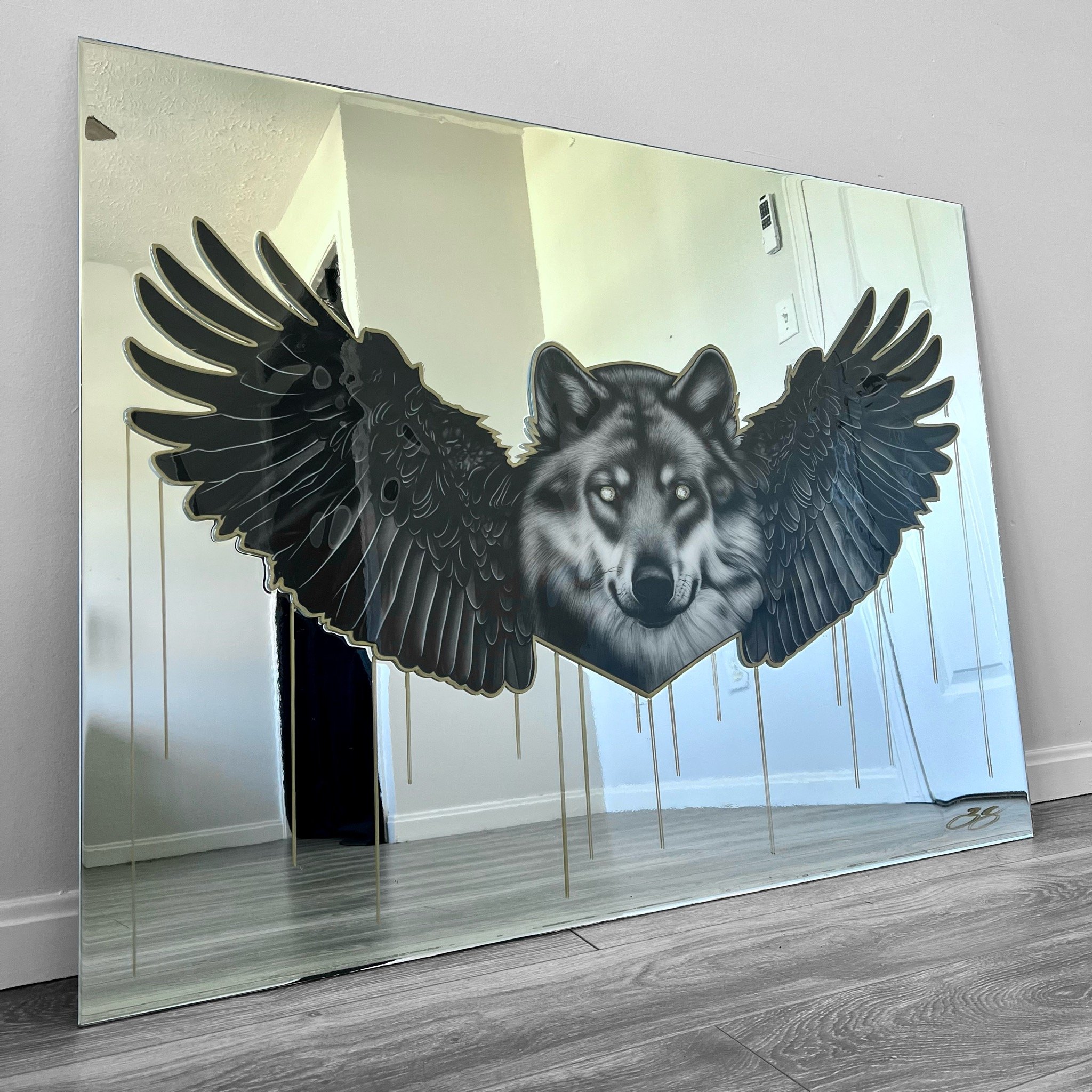 Graphite pencil drawing layered on mirror. Gold leaf painted outline and drips. Sealed with epoxy resin. Mounted in a custom wood frame. 3 x 4 ft.