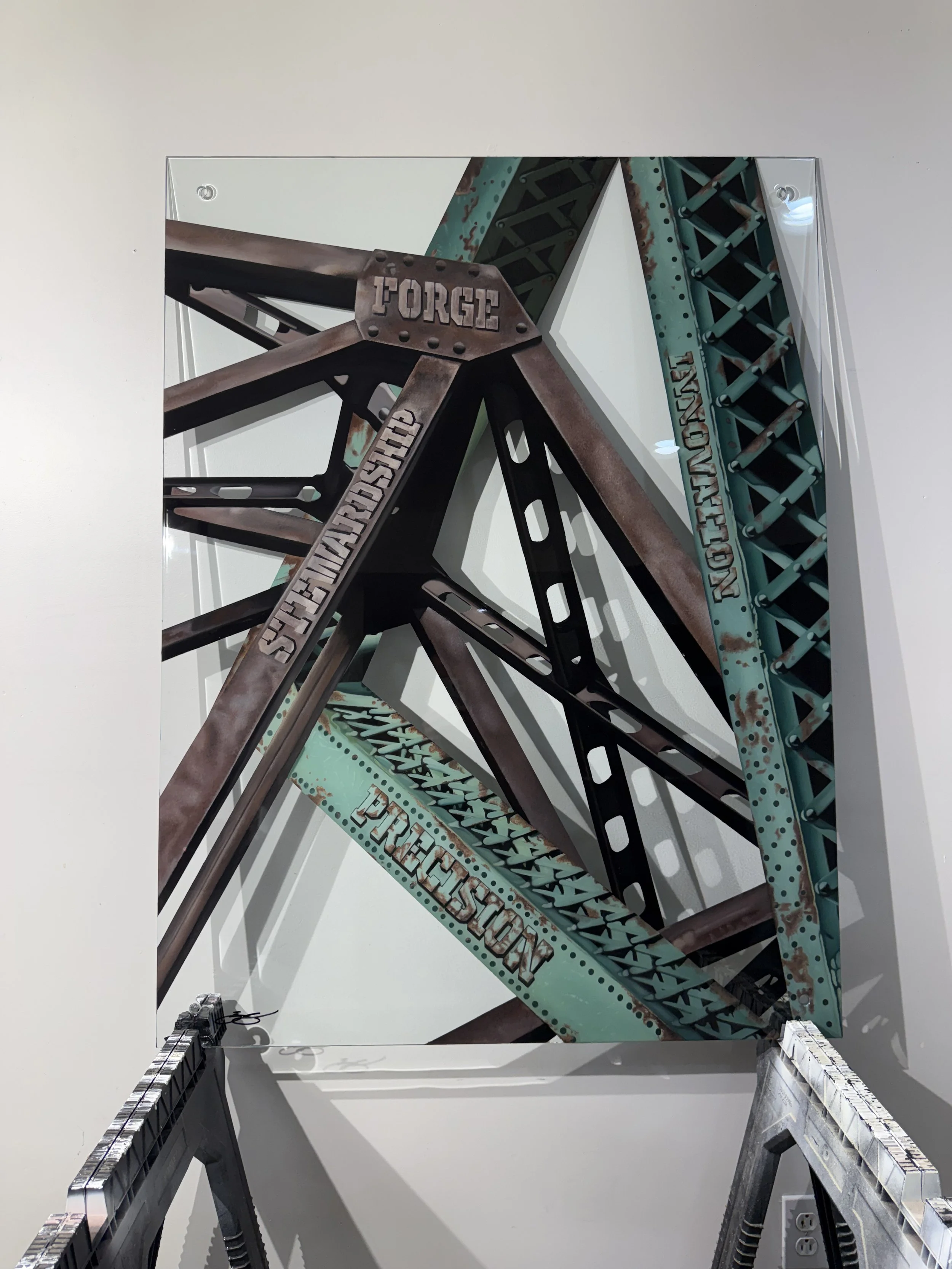 Cleveland steel industry inspired glass installation featuring industrial bridge structures painted on 3ft x 4ft tempered glass. Finished with epoxy resin and floating stainless steel standoff mounting. Approximately 150 hours in creation.