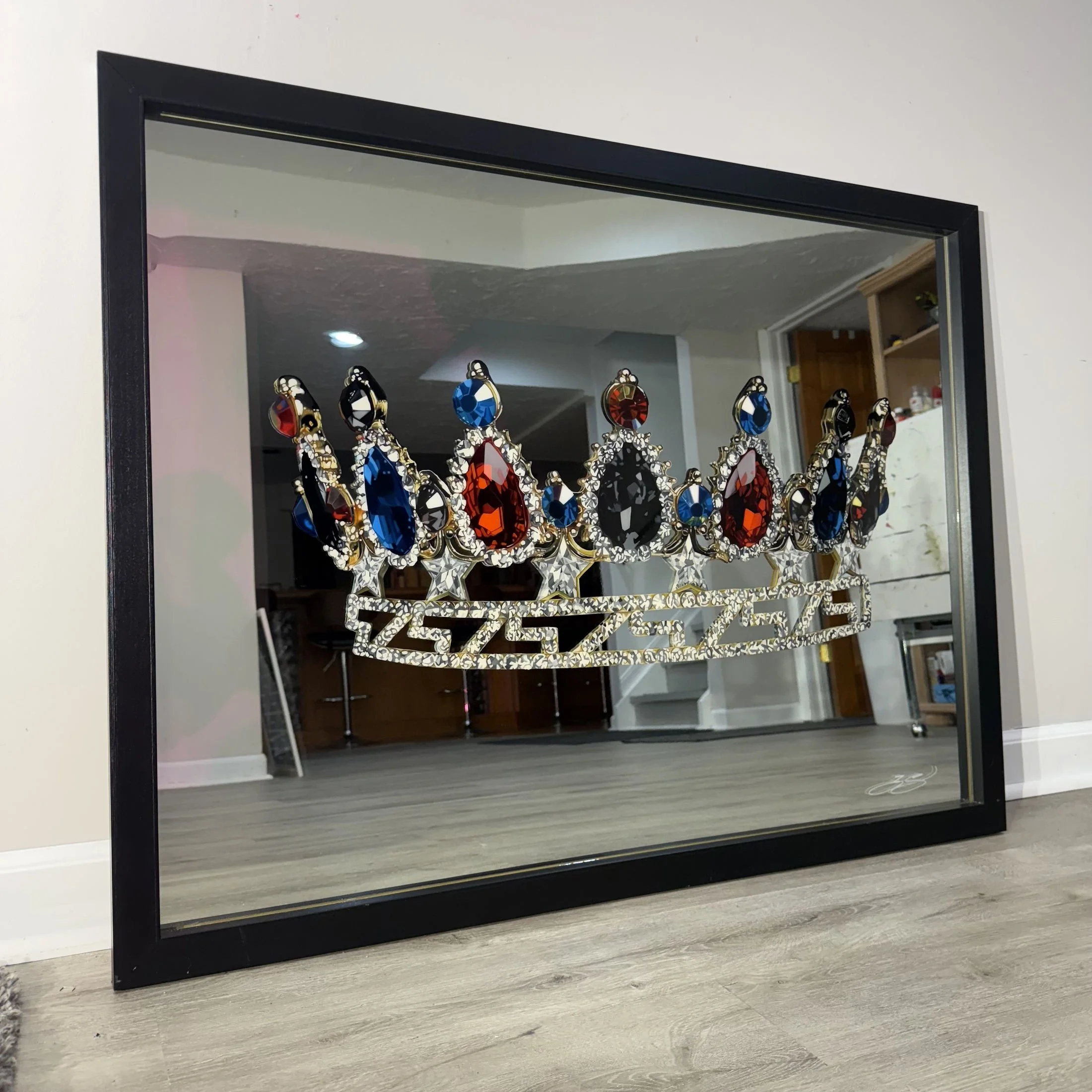Oil paint and epoxy resin on mirror. Mounted permanently in a custom wood frame. 32 x 42 in.