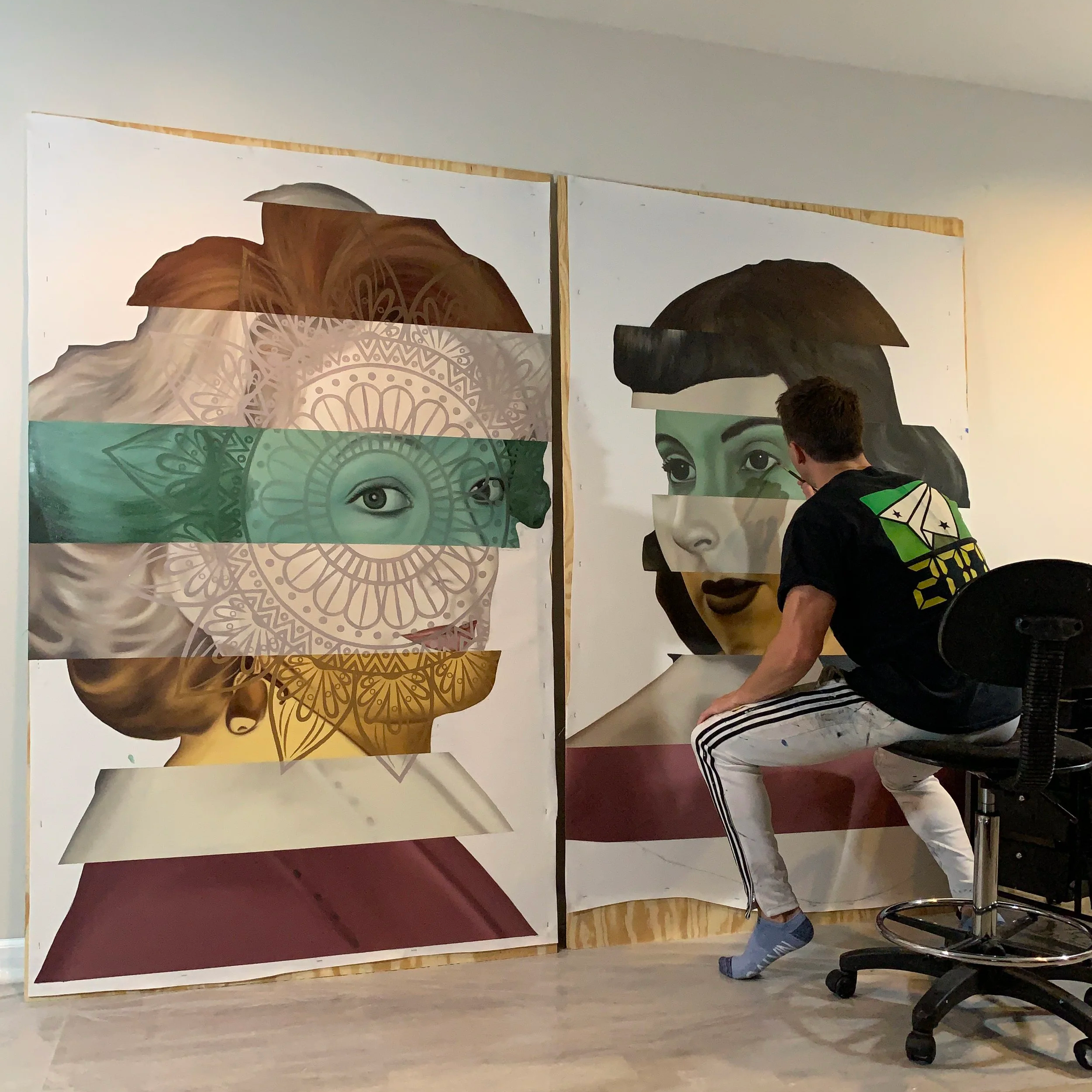 Mixed-media studio artwork by Zach Slavin featuring intricate oil painting on canvas.