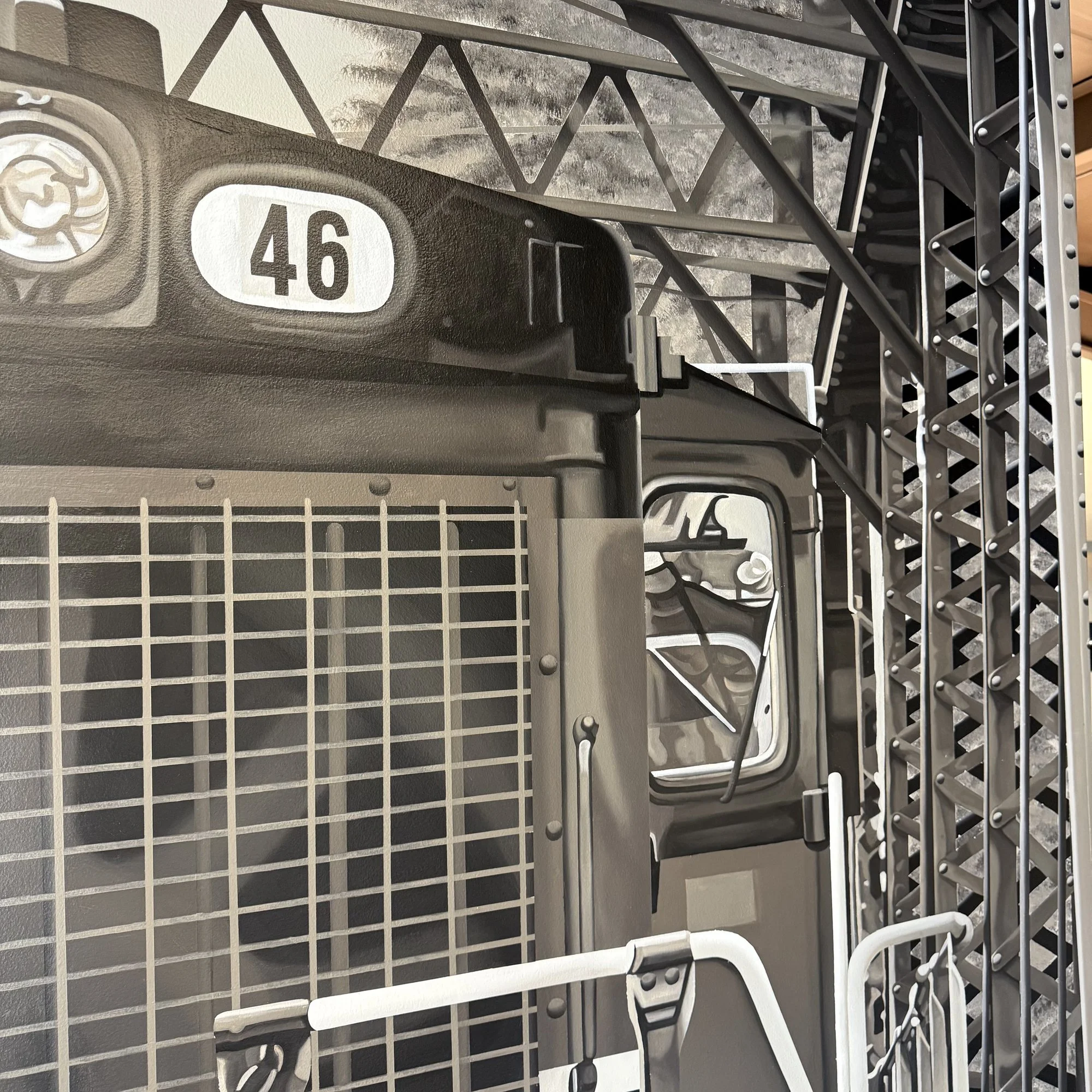This 19' x 9' hyperrealistic mural was hand-painted in acrylic for New Castle Industrial Railroad, accompanied by the historic logos of its connecting railroads to honor the region's rich railroad heritage.