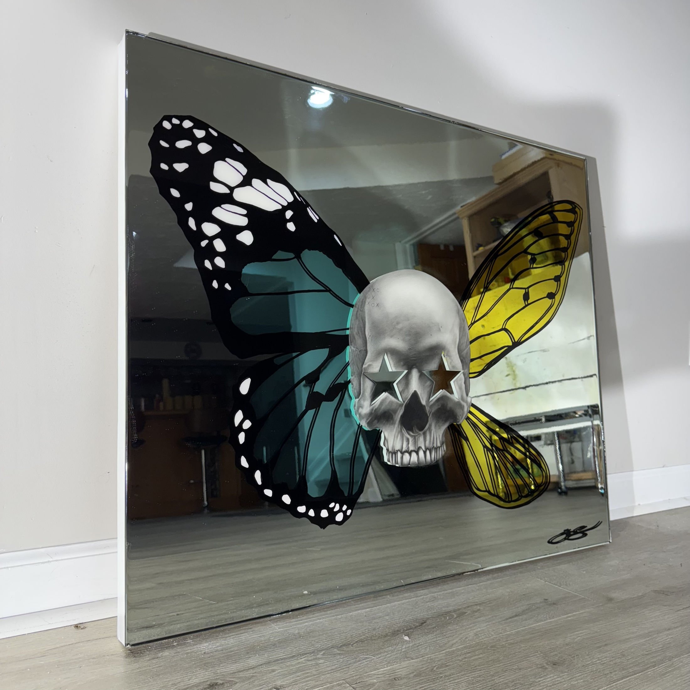 Graphite pencil drawing, stained glass paint, acrylic, and epoxy resin on mirror. Mounted to canvas. 30 x 36 in. 
