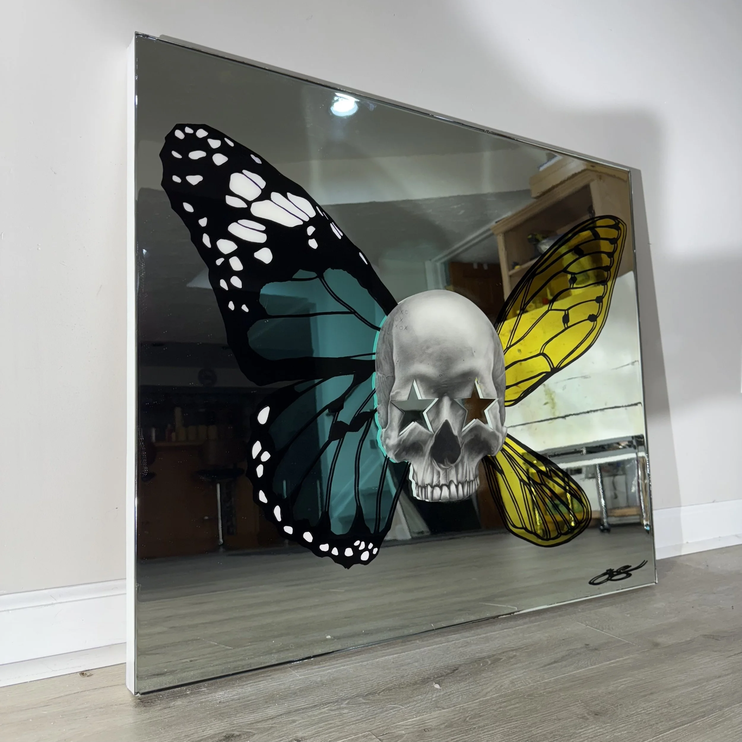 Graphite pencil drawing, stained glass paint, acrylic and epoxy resin on mirror. Mounted to canvas. 30 x 36 in. 