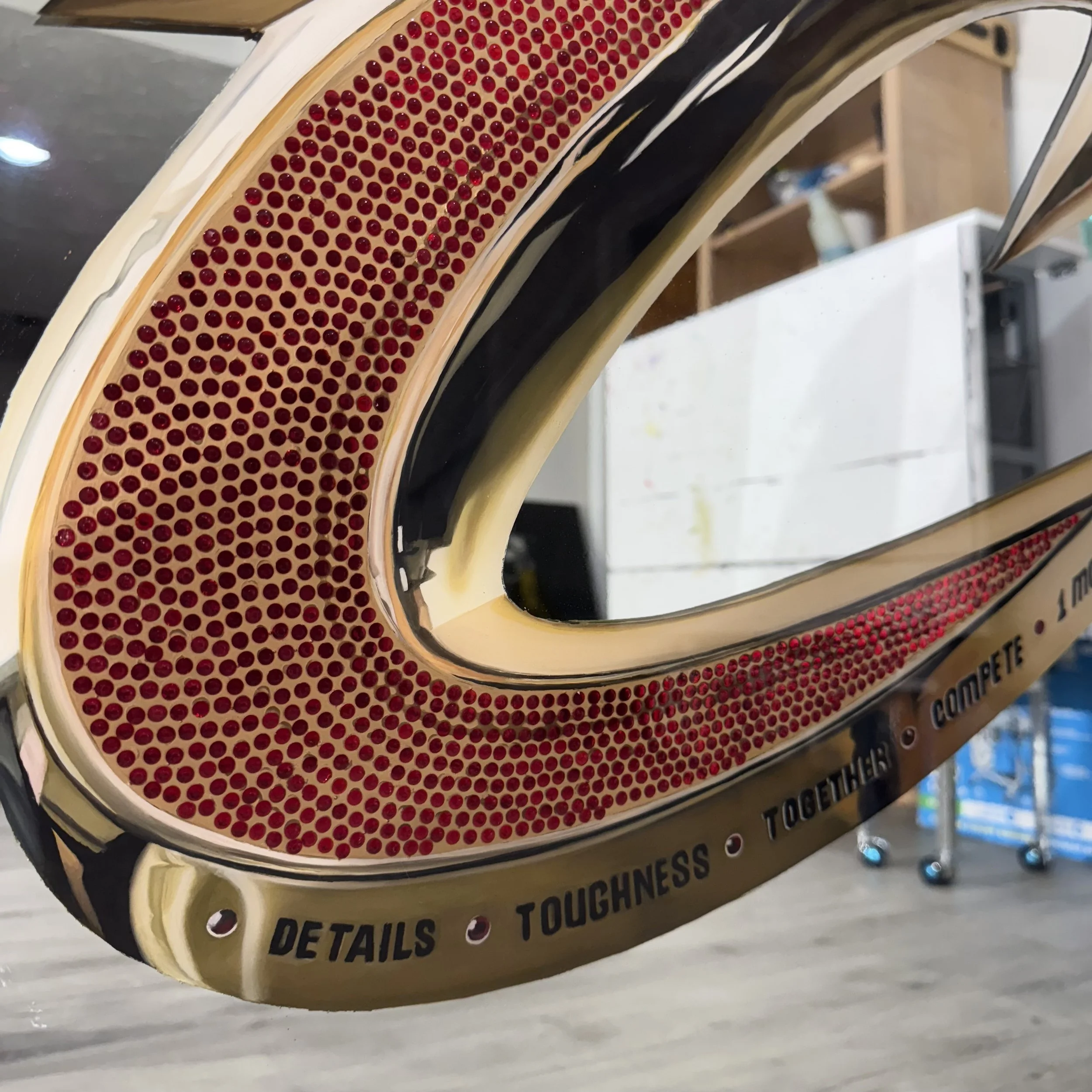 Oil paint, red rhinestones and epoxy resin on mirror. Mounted to canvas. 30 x 40 in.