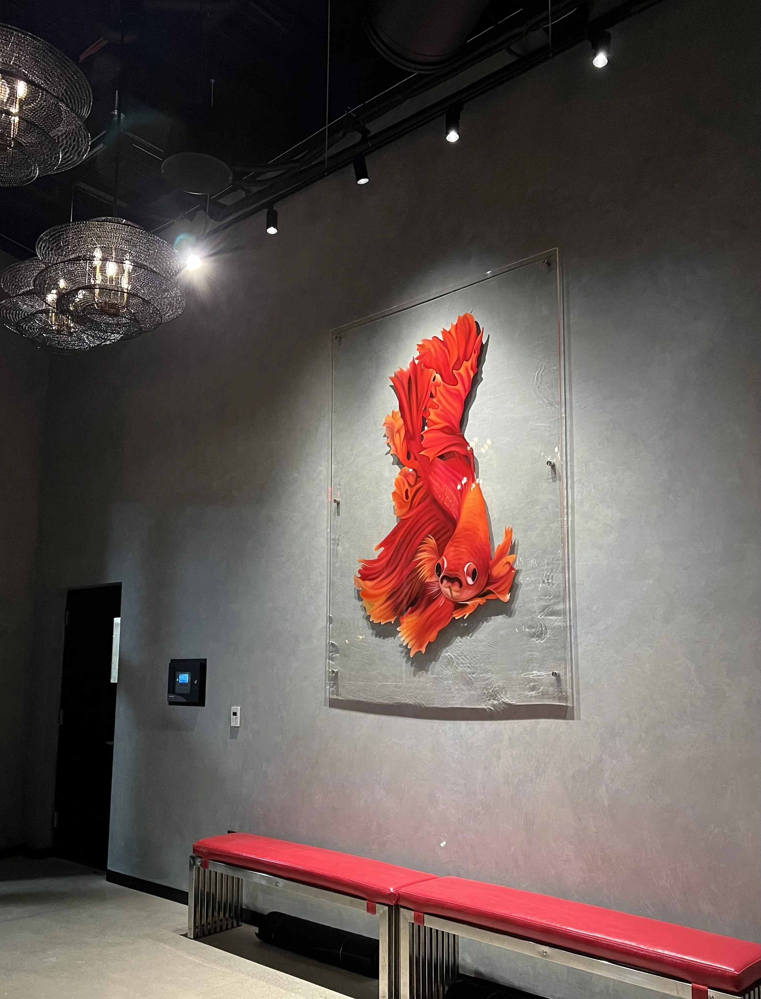 Multi-Space Installation featuring custom murals, large-scale plexiglass artworks and resin-coated oil paintings. The project integrated spray paint, acrylic, oil, gold leaf and resin across dining bars, private spaces and restrooms.