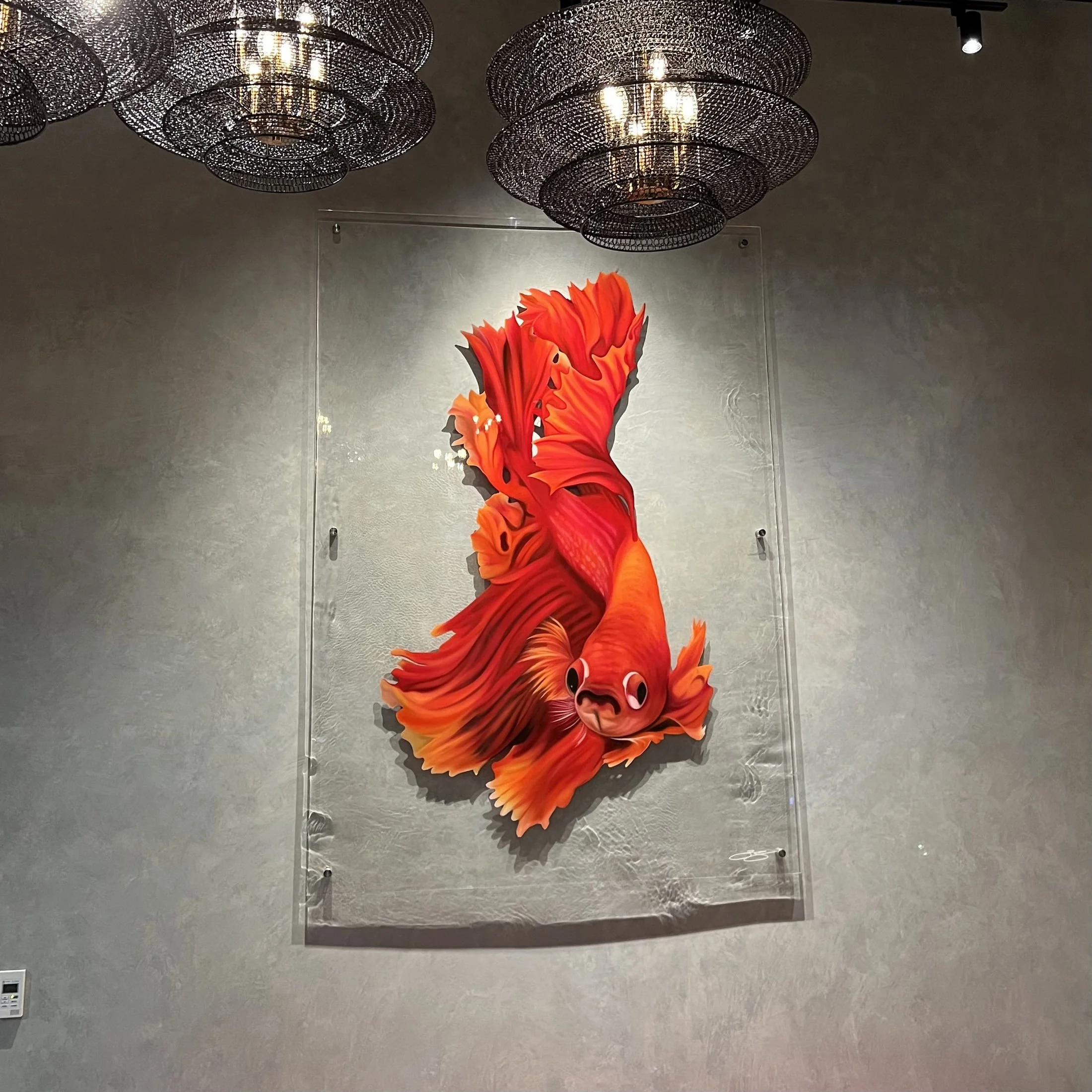 Multi-Space Installation featuring custom murals, large-scale plexiglass artworks and resin-coated oil paintings. The project integrated spray paint, acrylic, oil, gold leaf and resin across dining bars, private spaces and restrooms.