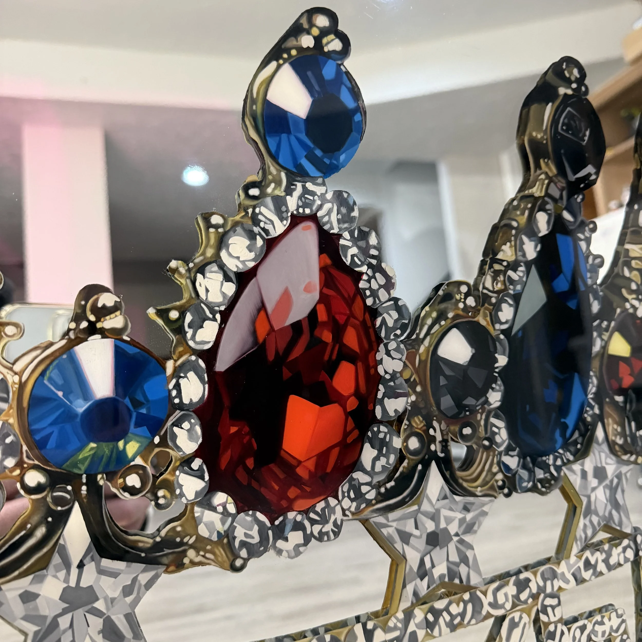 Oil paint and epoxy resin on mirror. Permanently mounted to mirror. 32 x 42 in.