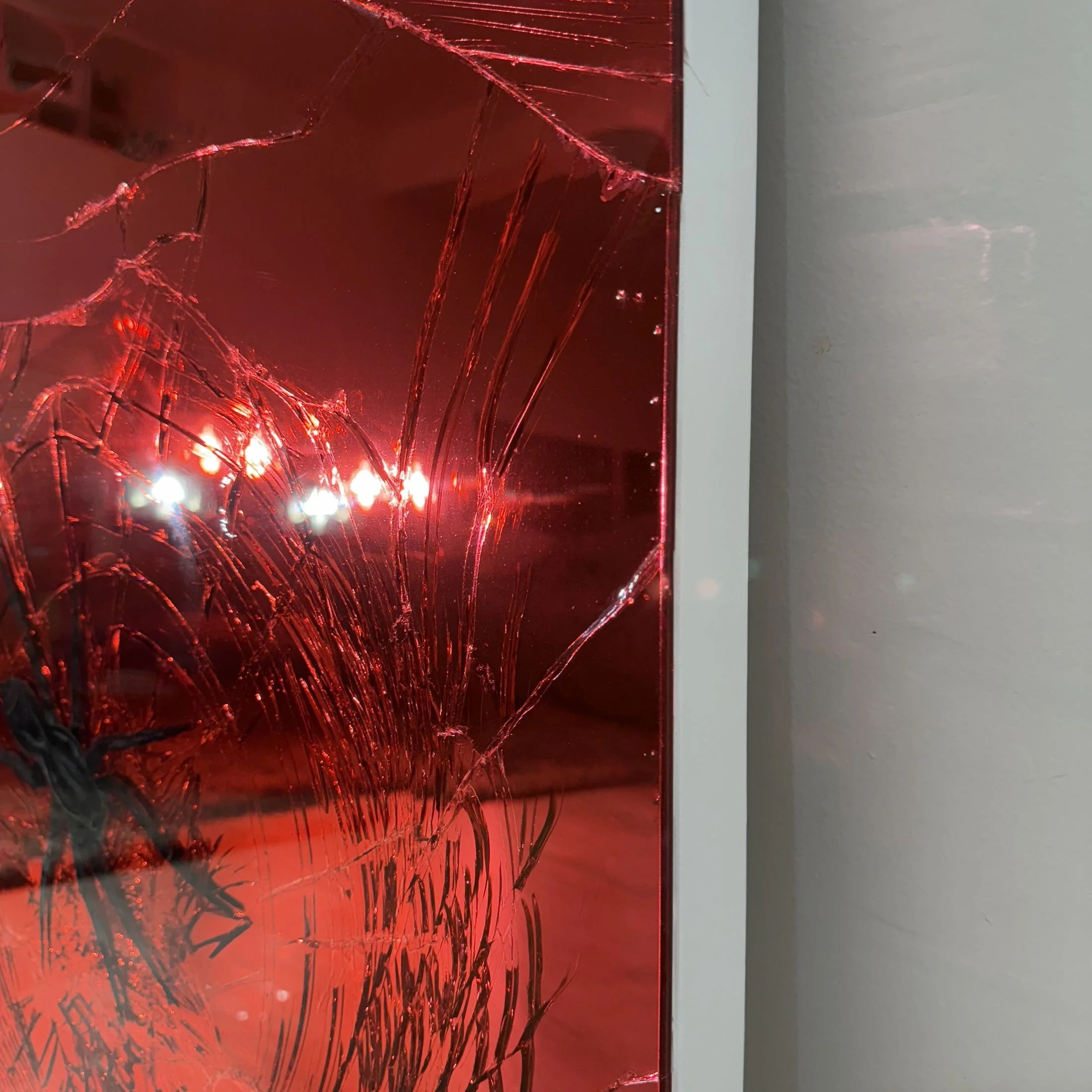 Acrylic, stained glass paint and epoxy resin on intentionally-shattered mirror. Mounted to canvas. 24 x 36 in.