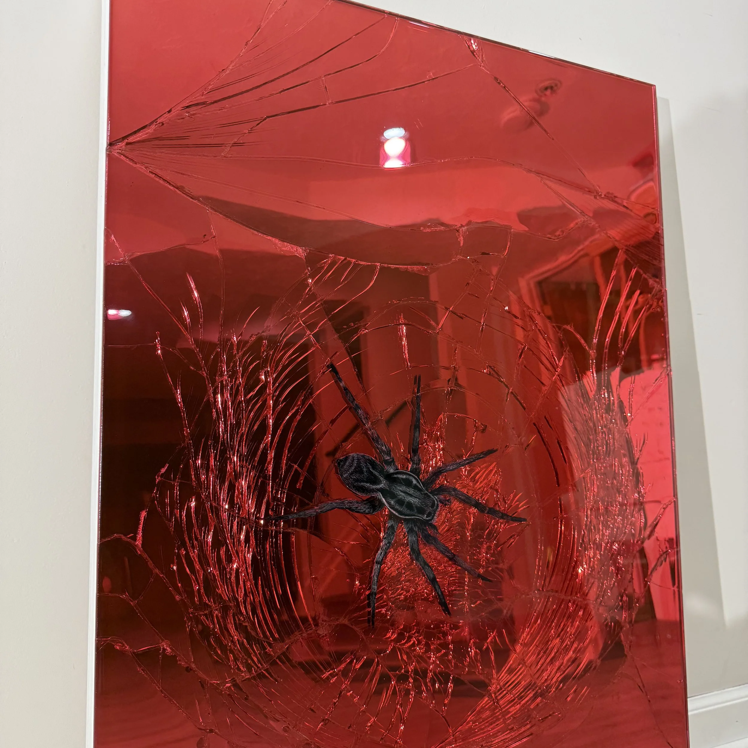 Acrylic, stained glass paint and epoxy resin on intentionally-shattered mirror. Mounted to canvas. 24 x 36 in.