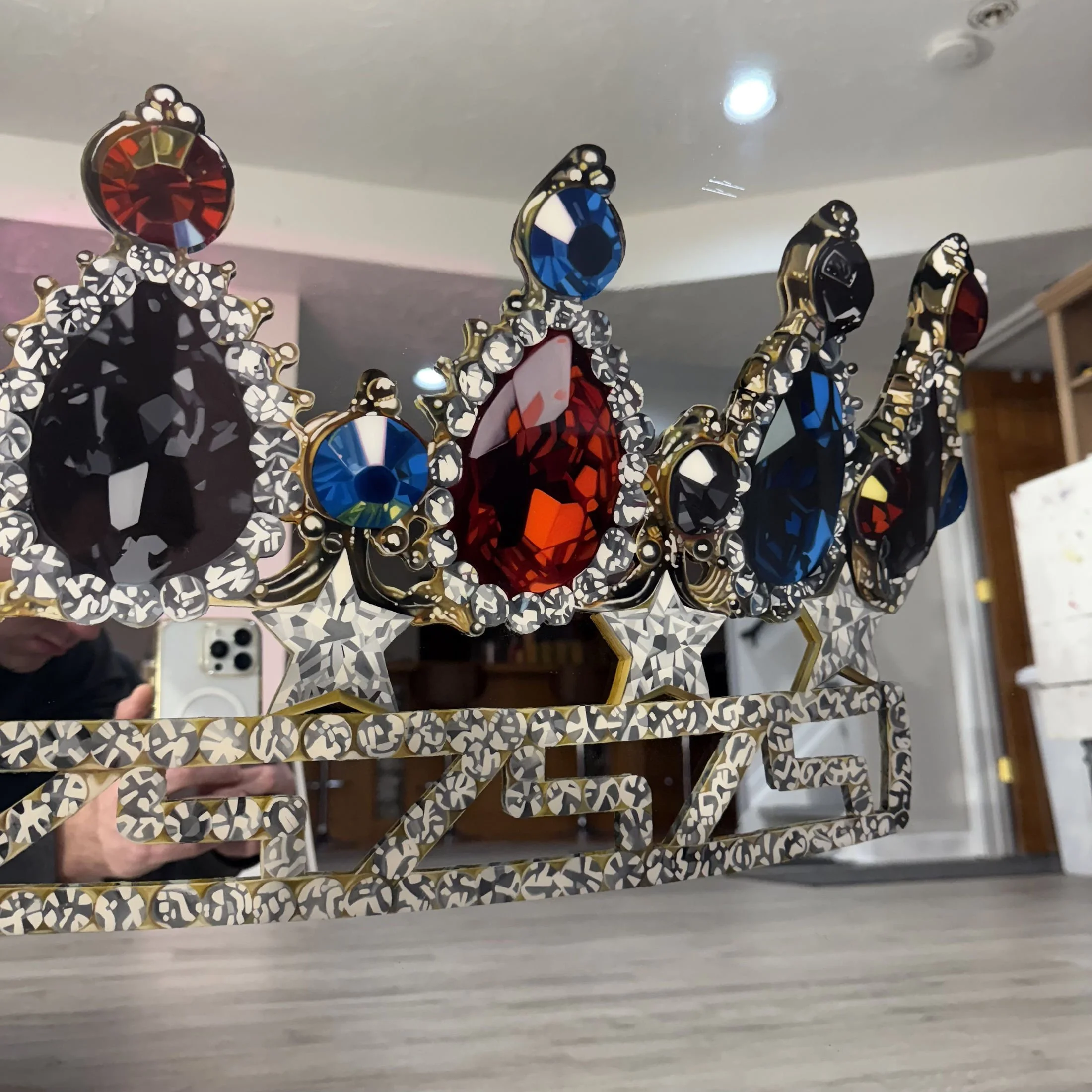 Oil paint and epoxy resin on mirror. Mounted permanently in a custom wood frame. 32 x 42 in.
