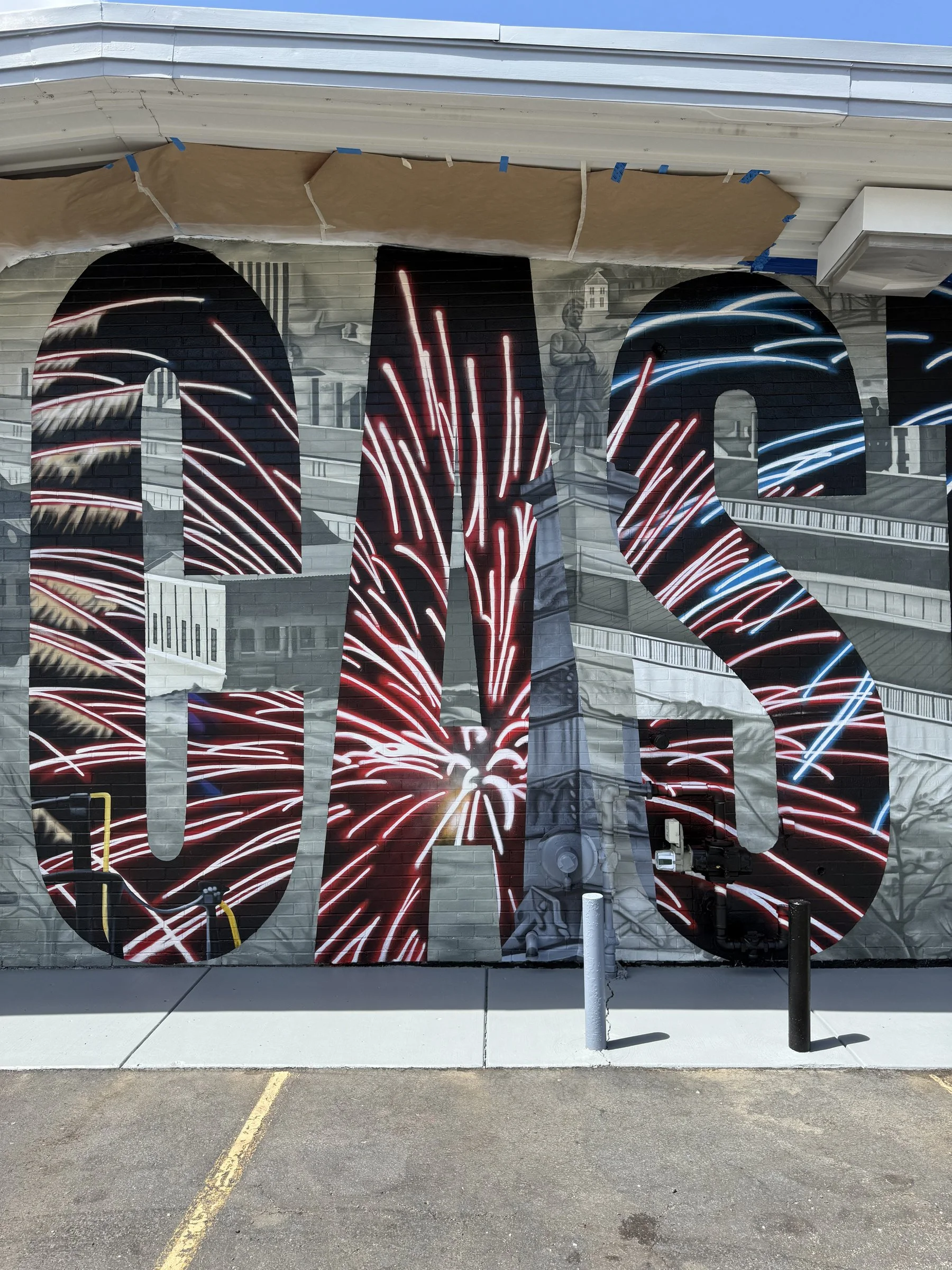 This large-scale mural was designed to captured the identity of New Castle by contrasting its industrial heritage with the city's modern character. Hand-painted across a 50' x 18' wall using acrylic, oil, and spray paint.