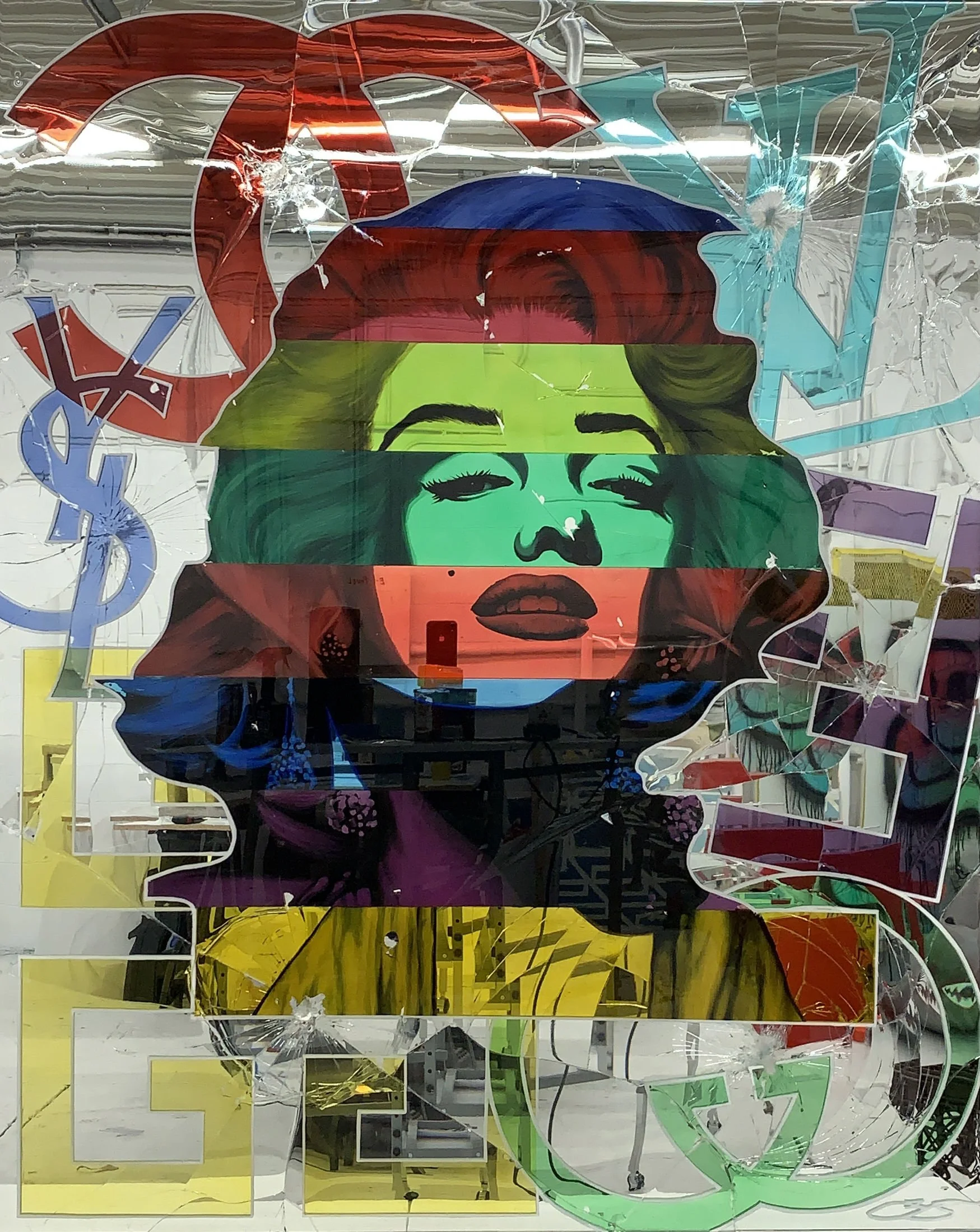 Stained glass paint, acrylic and epoxy resin on intentionally-shattered mirror. Mounted to canvas. 4 x 5 ft.