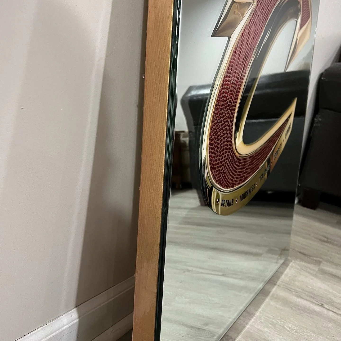 Oil paint, red rhinestones and epoxy resin on mirror. Mounted to canvas. 30 x 40 in.