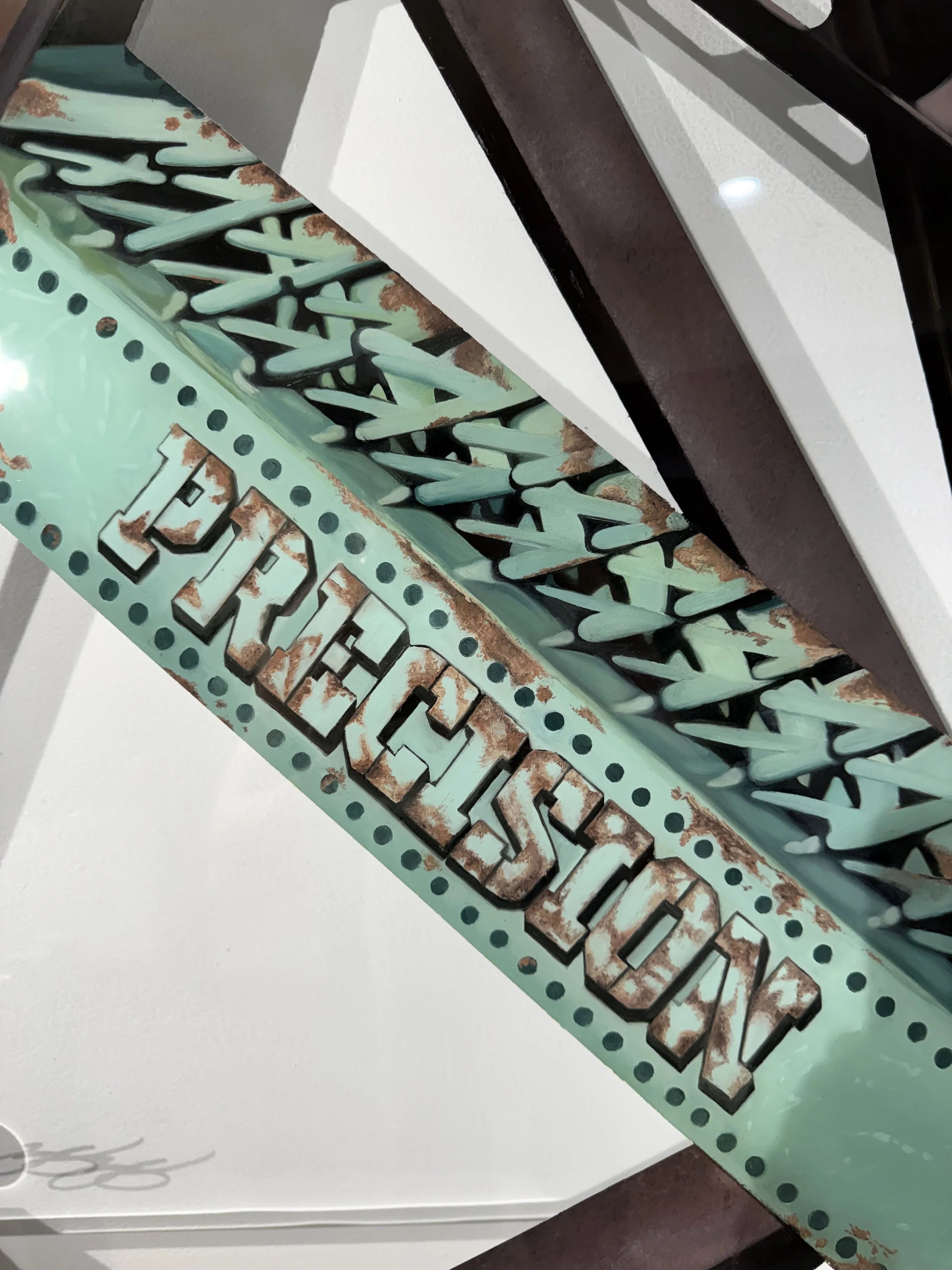 Cleveland steel industry inspired glass installation featuring industrial bridge structures painted on 3ft x 4ft tempered glass. Finished with epoxy resin and floating stainless steel standoff mounting. Approximately 150 hours in creation.