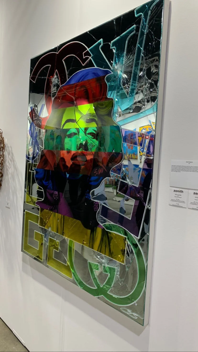 Stained glass paint, acrylic and epoxy resin on intentionally-shattered mirror. Mounted to canvas. 4 x 5 ft.