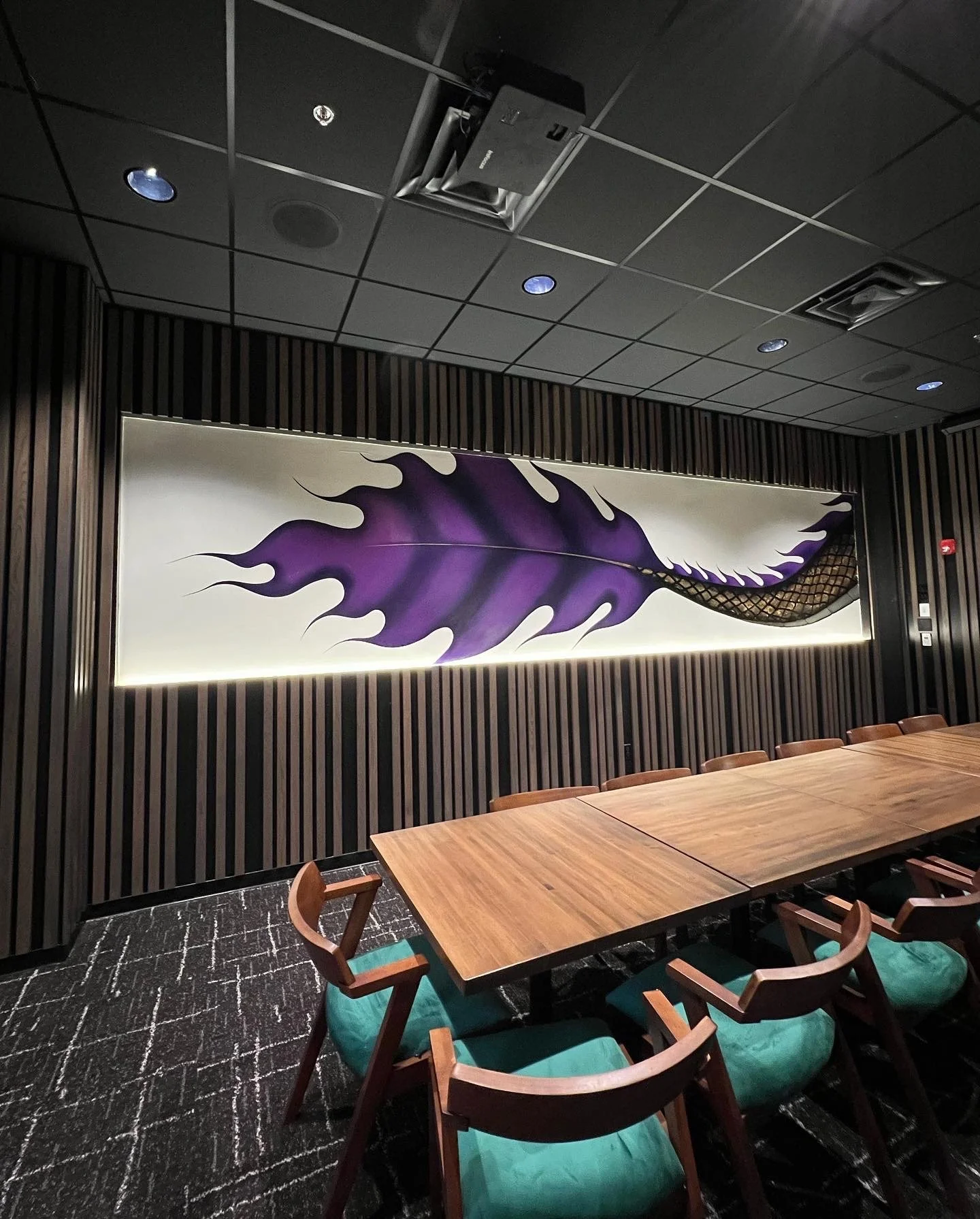 Multi-Space Installation featuring custom murals, large-scale plexiglass artworks and resin-coated oil paintings. The project integrated spray paint, acrylic, oil, gold leaf and resin across dining bars, private spaces and restrooms.
