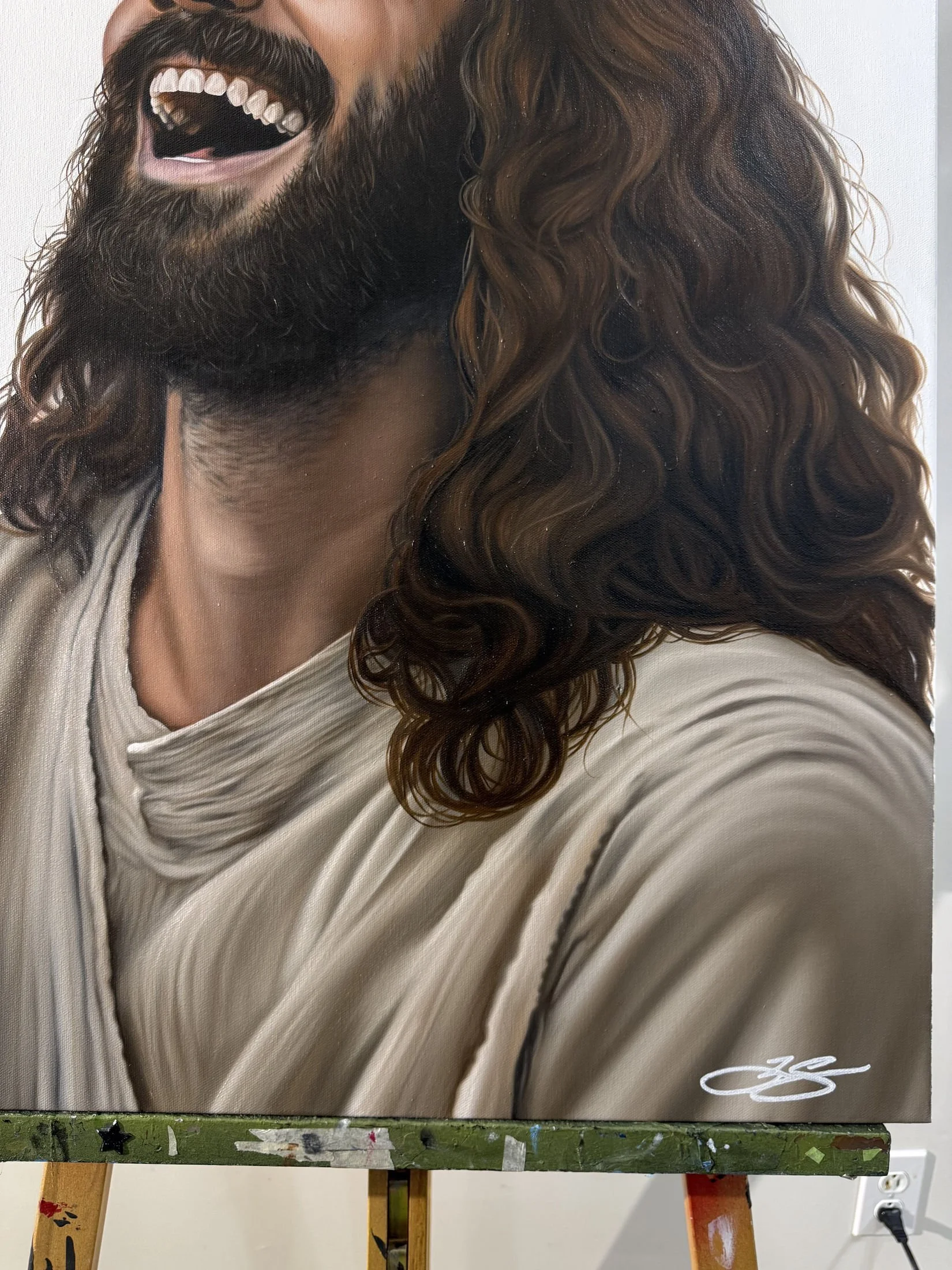 Oil painting of Jesus laughing on 24" x 36" canvas