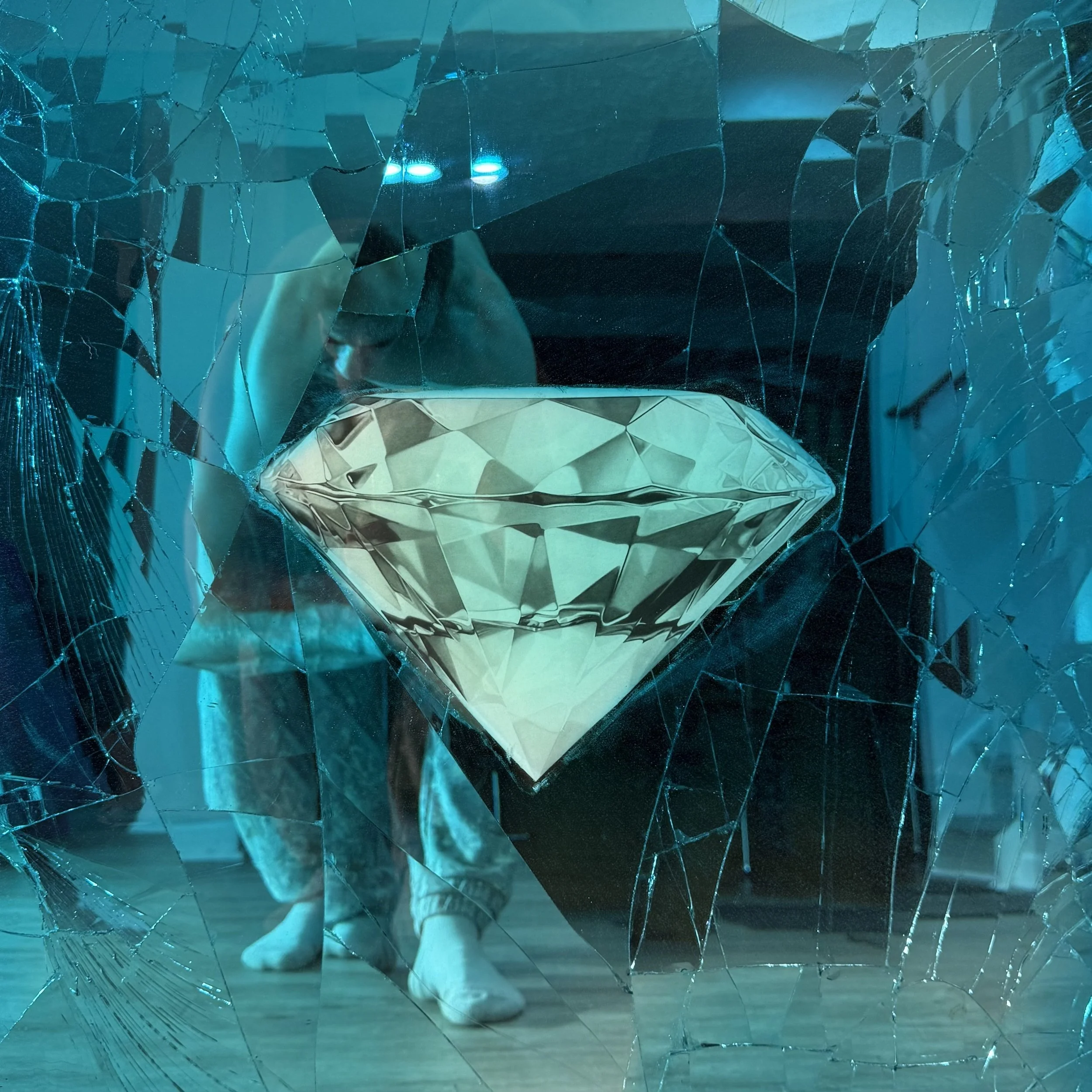 Graphite pencil on paper, layered over intentionally-shattered mirror and sealed with blue-dyed epoxy resin. Mounted to canvas. 24 x 30 in.