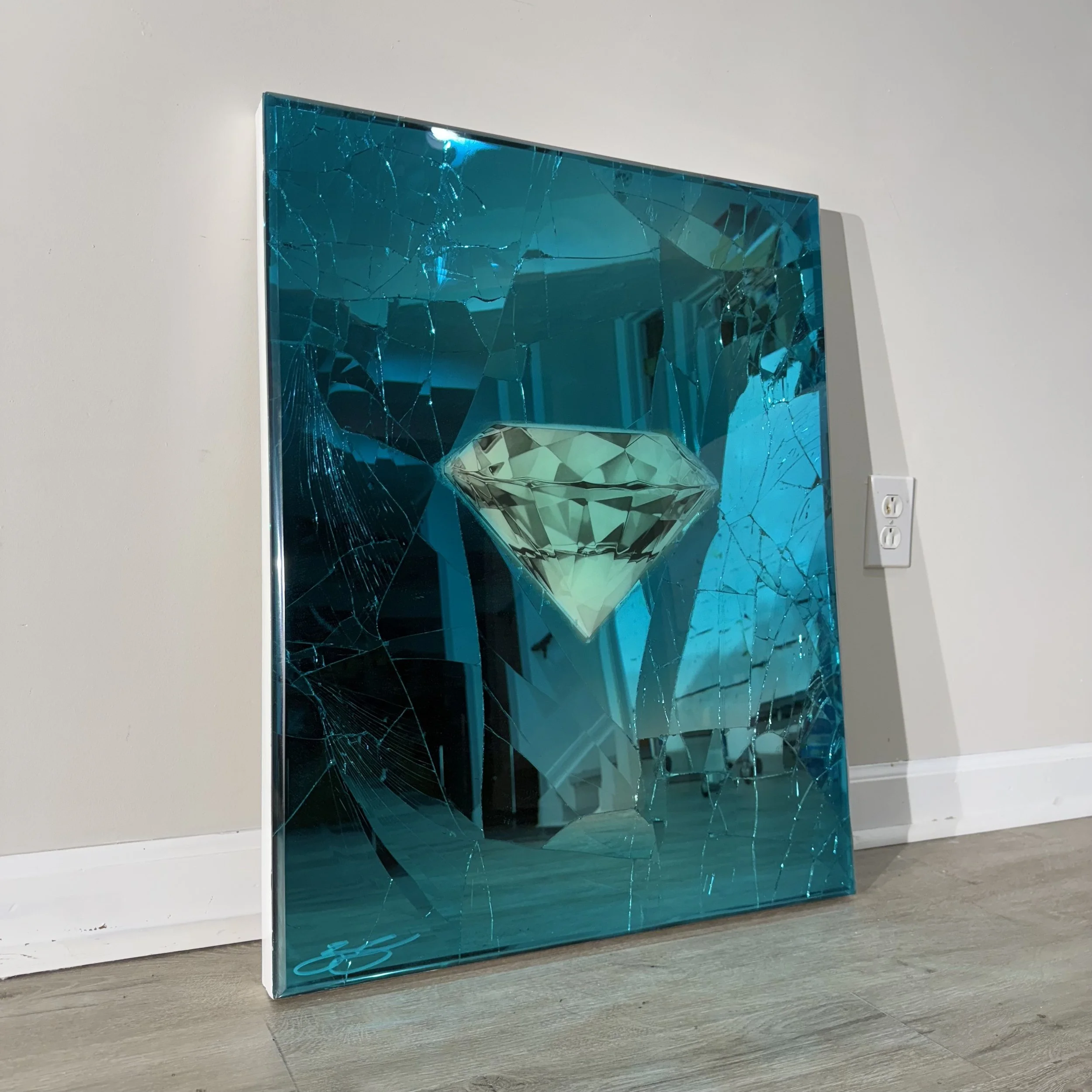Graphite pencil on paper, layered over intentionally-shattered mirror and sealed with blue-dyed epoxy resin. Mounted to canvas. 24 x 30 in.