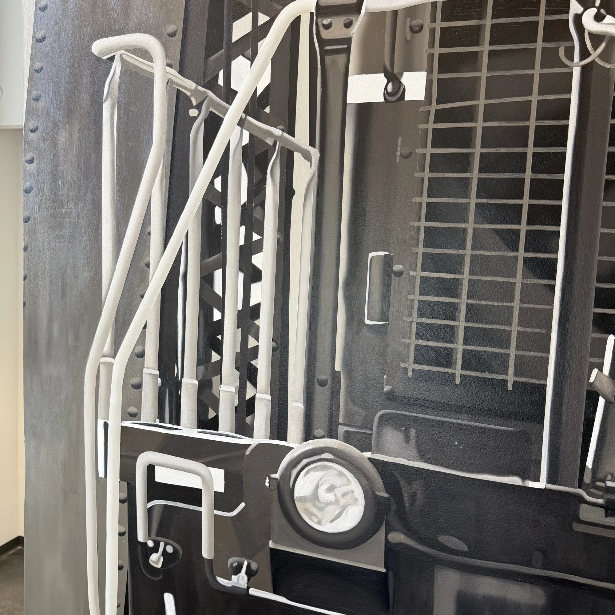 This 19' x 9' hyperrealistic mural was hand-painted in acrylic for New Castle Industrial Railroad, accompanied by the historic logos of its connecting railroads to honor the region's rich railroad heritage.
