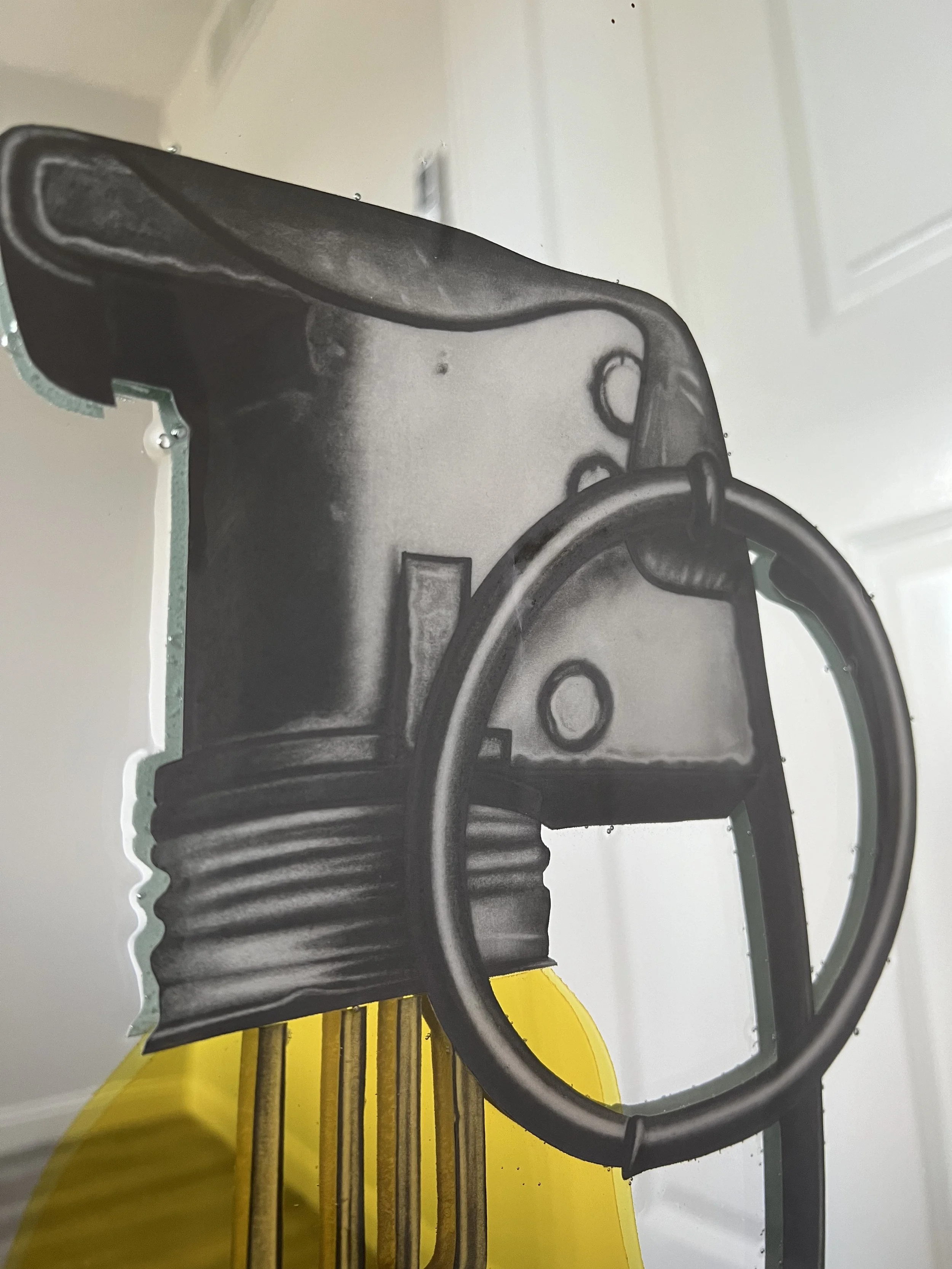 Graphite pencil drawing, stained glass paint and epoxy resin on mirror. Mounted to canvas. 24 x 36 in.