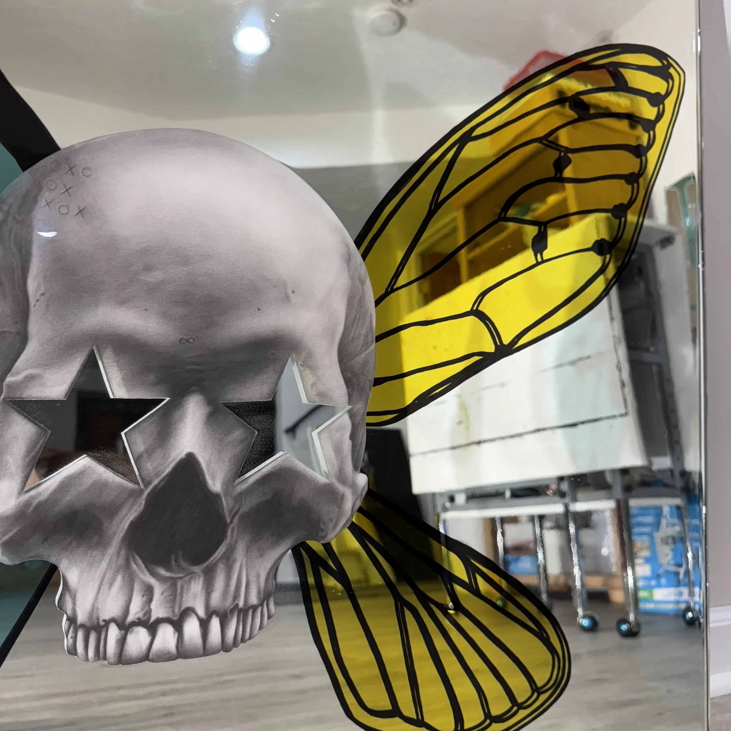 Graphite pencil drawing, stained glass paint, acrylic and epoxy resin on mirror. Mounted to canvas. 30 x 36 in. 