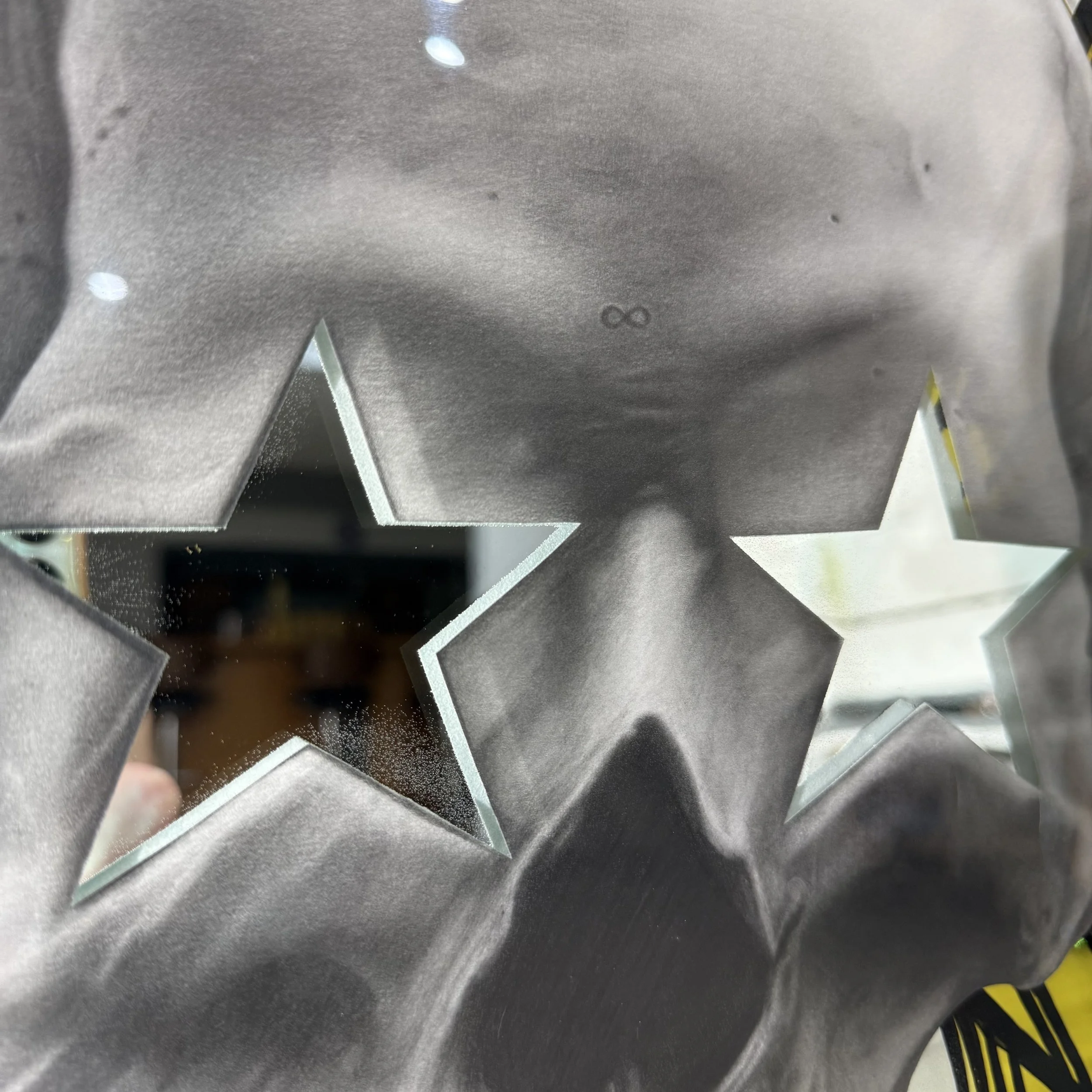 Graphite pencil drawing, stained glass paint, acrylic and epoxy resin on mirror. Mounted to canvas. 30 x 36 in. 