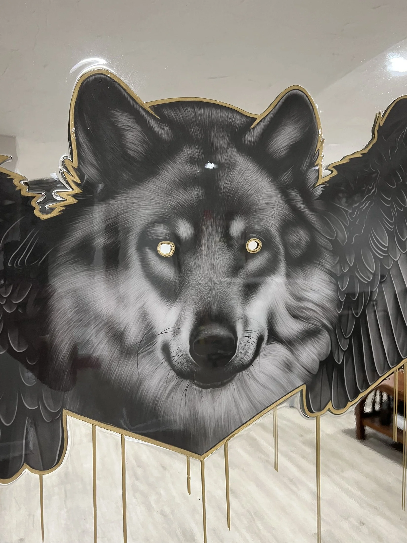 Graphite pencil drawing layered on mirror. Gold leaf painted outline and drips. Sealed with epoxy resin. Mounted in a custom wood frame. 3 x 4 ft.