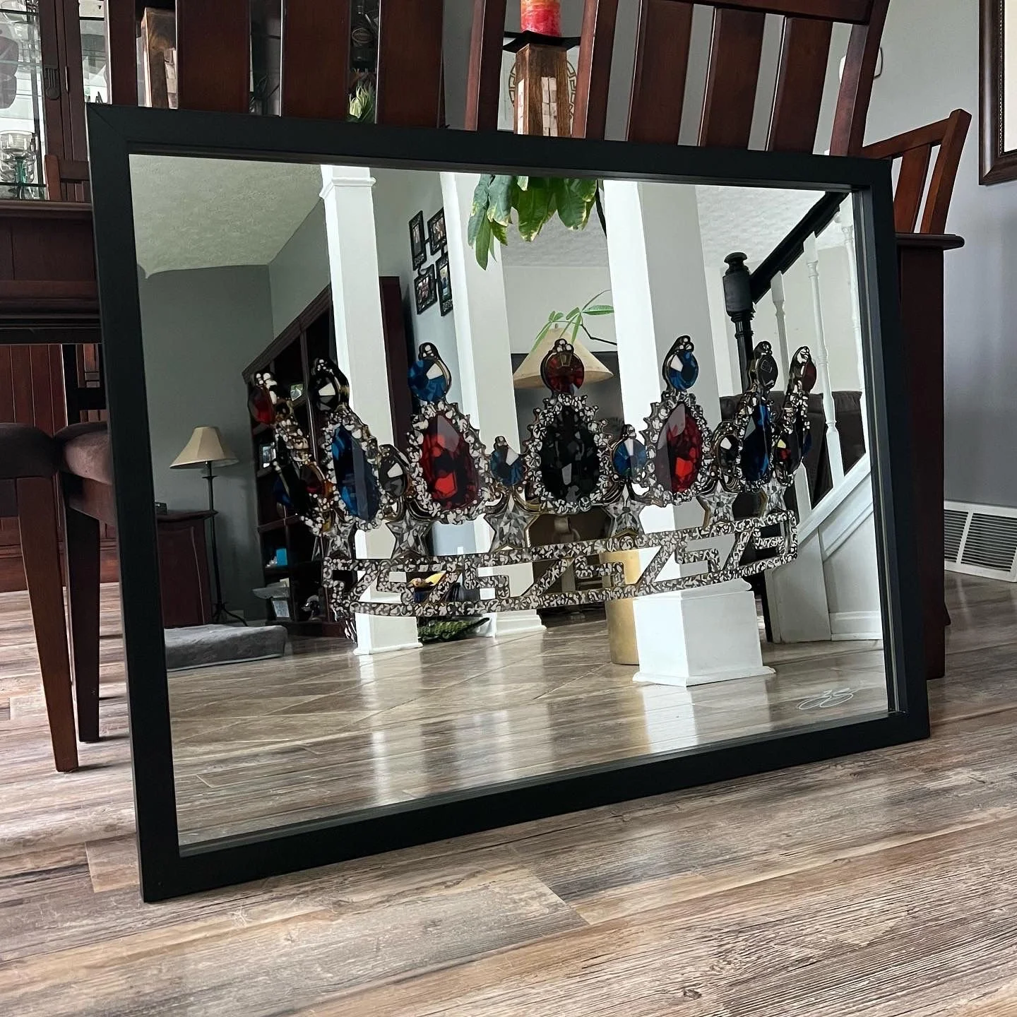 Oil paint and epoxy resin on mirror. Mounted permanently in a custom wood frame. 32 x 42 in.