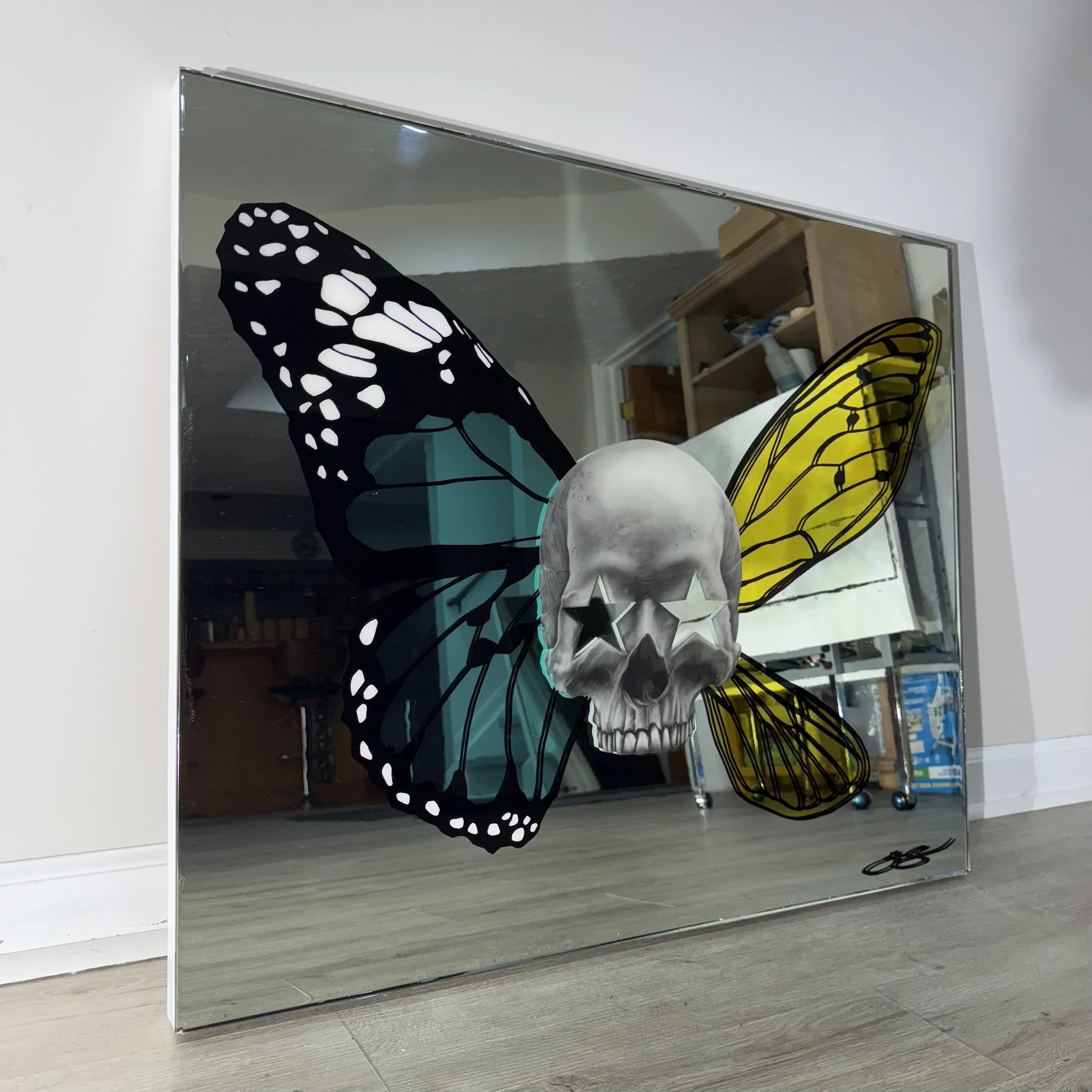 Graphite pencil drawing, stained glass paint, acrylic and epoxy resin on mirror. Mounted to canvas. 30 x 36 in. 