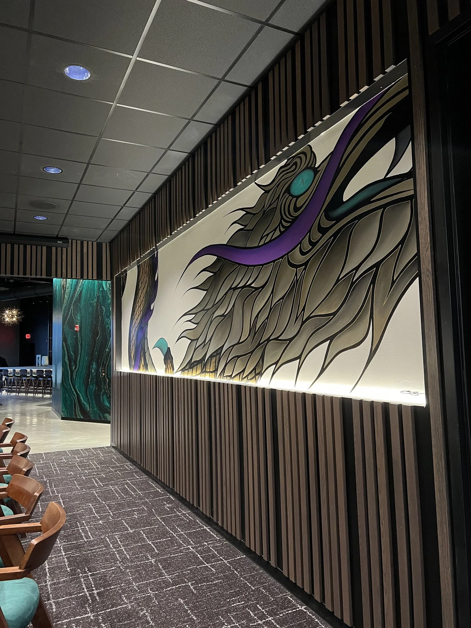 Multi-Space Installation featuring custom murals, large-scale plexiglass artworks and resin-coated oil paintings. The project integrated spray paint, acrylic, oil, gold leaf and resin across dining bars, private spaces and restrooms.