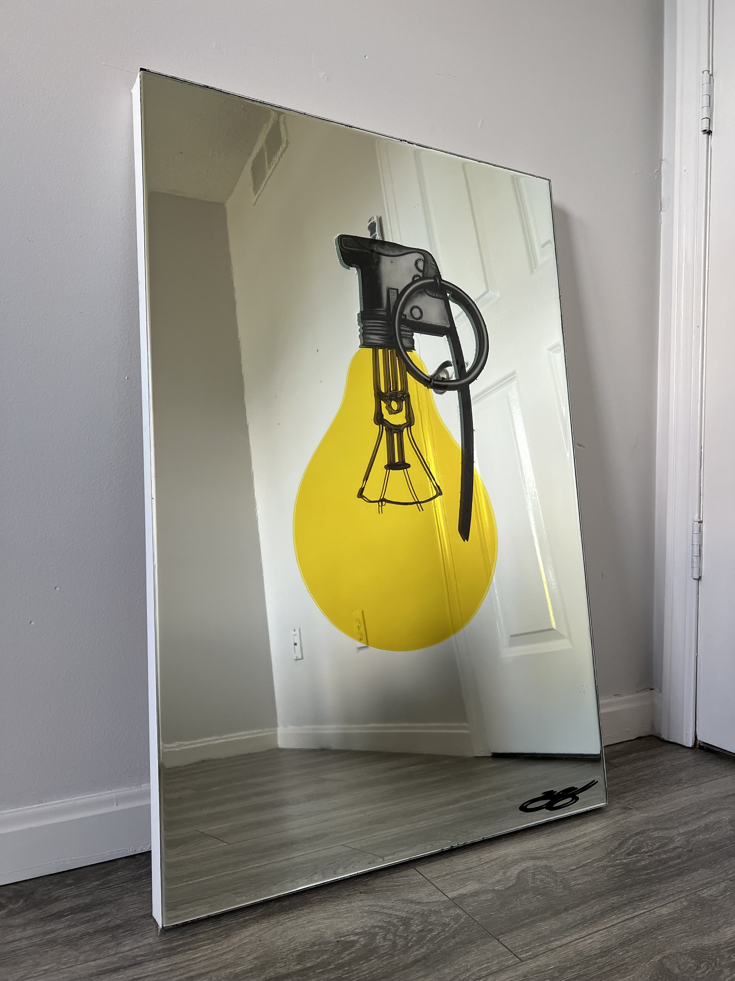 Graphite pencil drawing, stained glass paint and epoxy resin on mirror. Mounted to canvas. 24 x 36 in.