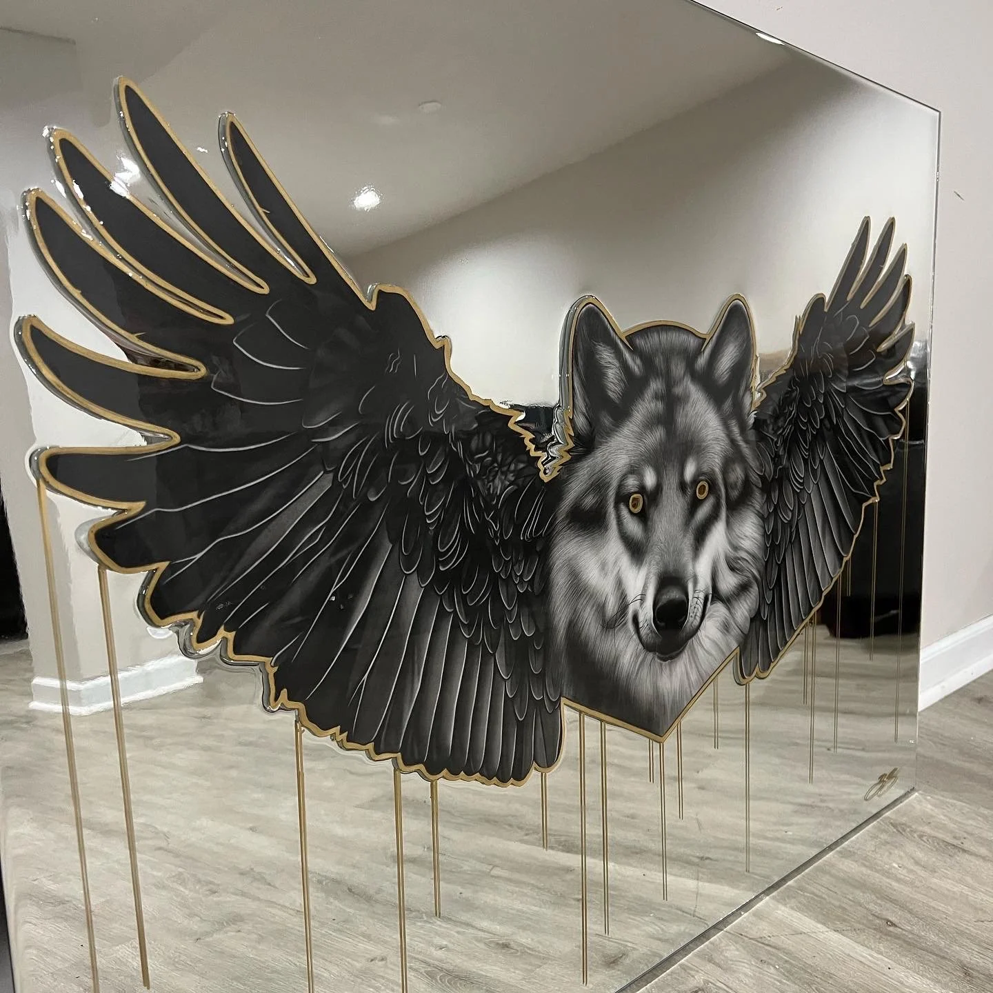 Graphite pencil drawing layered on mirror. Gold leaf painted outline and drips. Sealed with epoxy resin. Mounted in a custom wood frame. 3 x 4 ft.