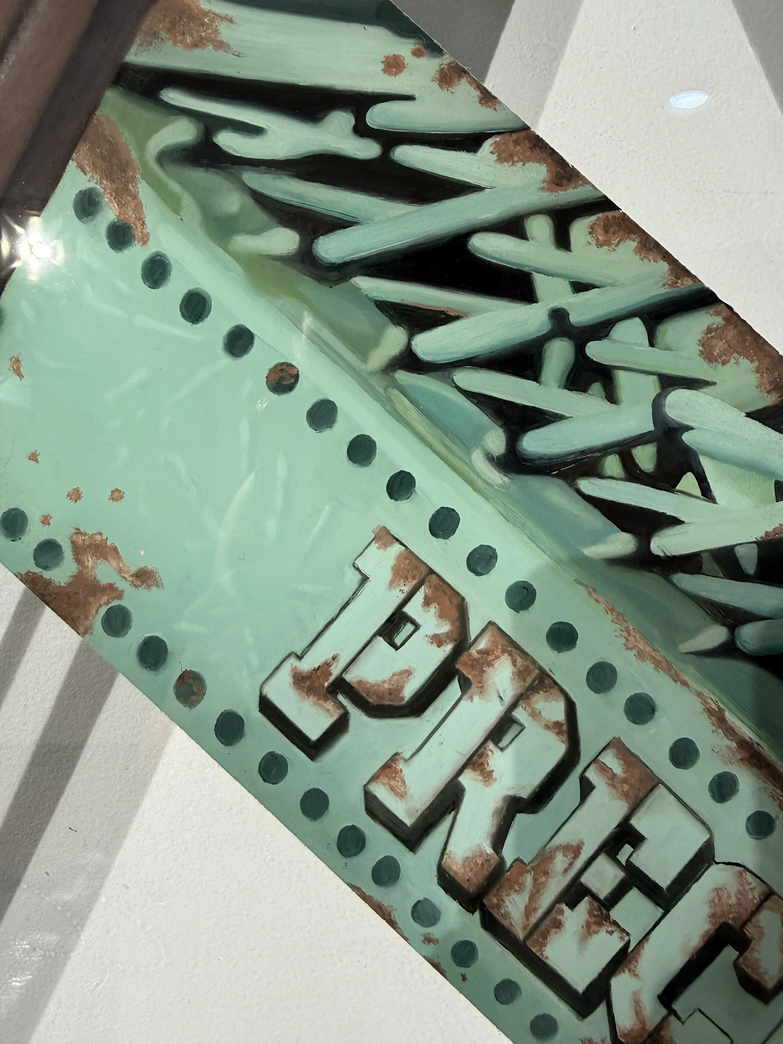 Cleveland steel industry inspired glass installation featuring industrial bridge structures painted on 3ft x 4ft tempered glass. Finished with epoxy resin and floating stainless steel standoff mounting. Approximately 150 hours in creation.