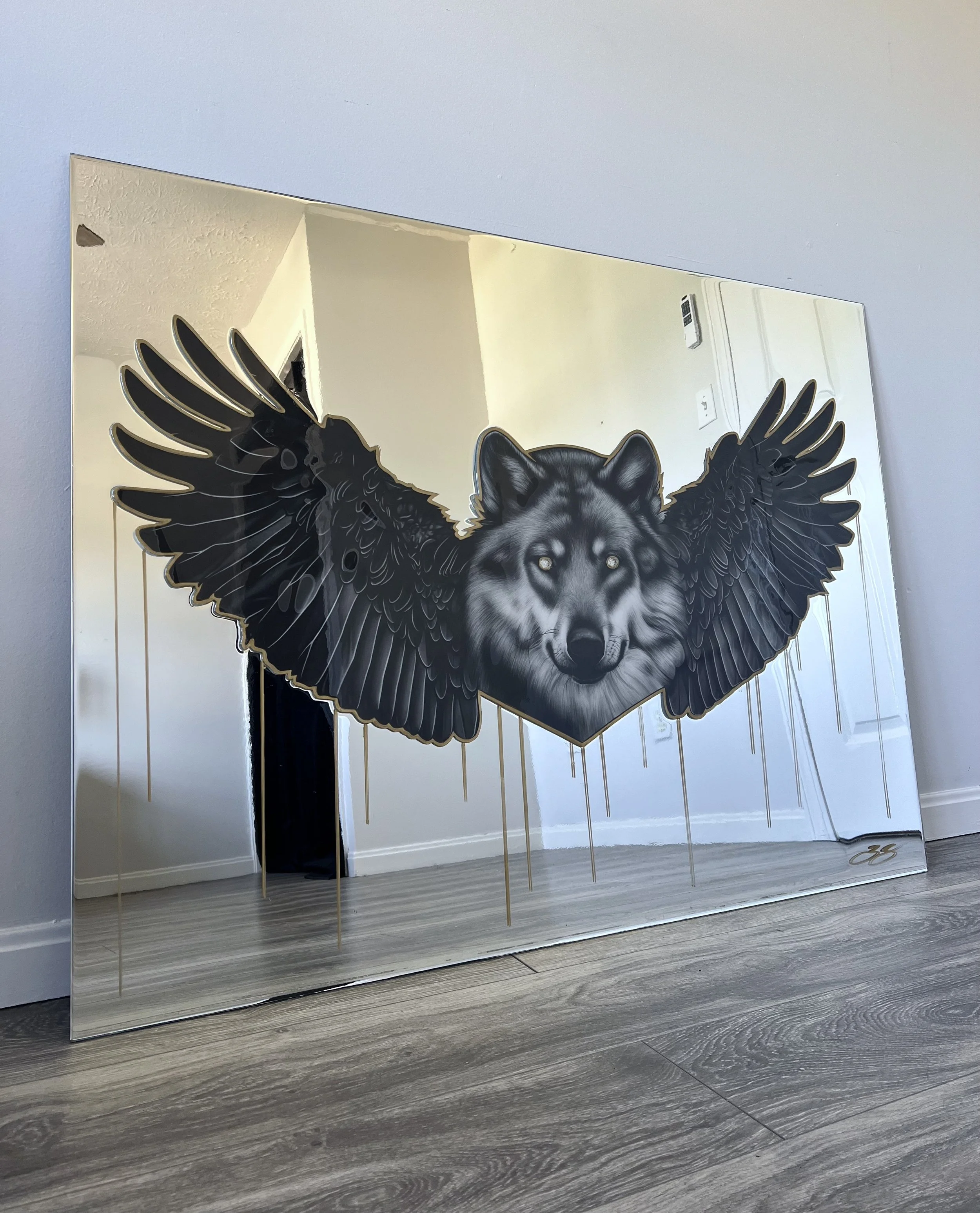 Graphite pencil drawing layered on mirror. Gold leaf painted outline and drips. Sealed with epoxy resin. Mounted in a custom wood frame. 3 x 4 ft.